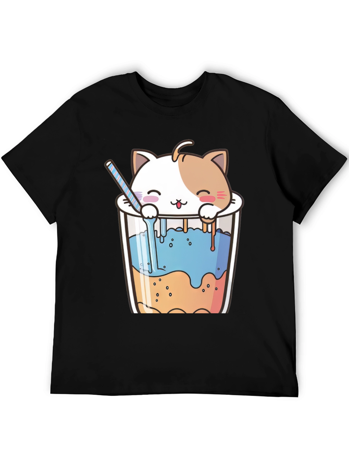 Black Cute Cat Bubble Tea Black T-Shirt view 5