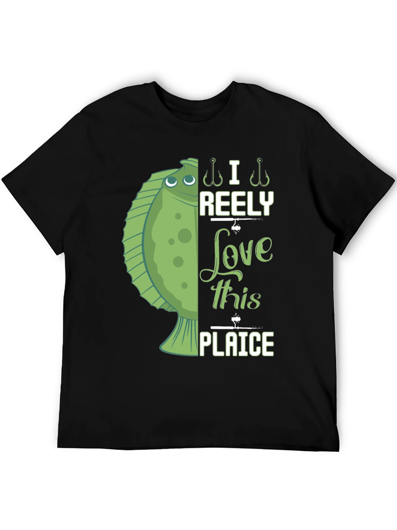 Black Funny Fishing T-Shirt - I Reely Love This Plaice view 5