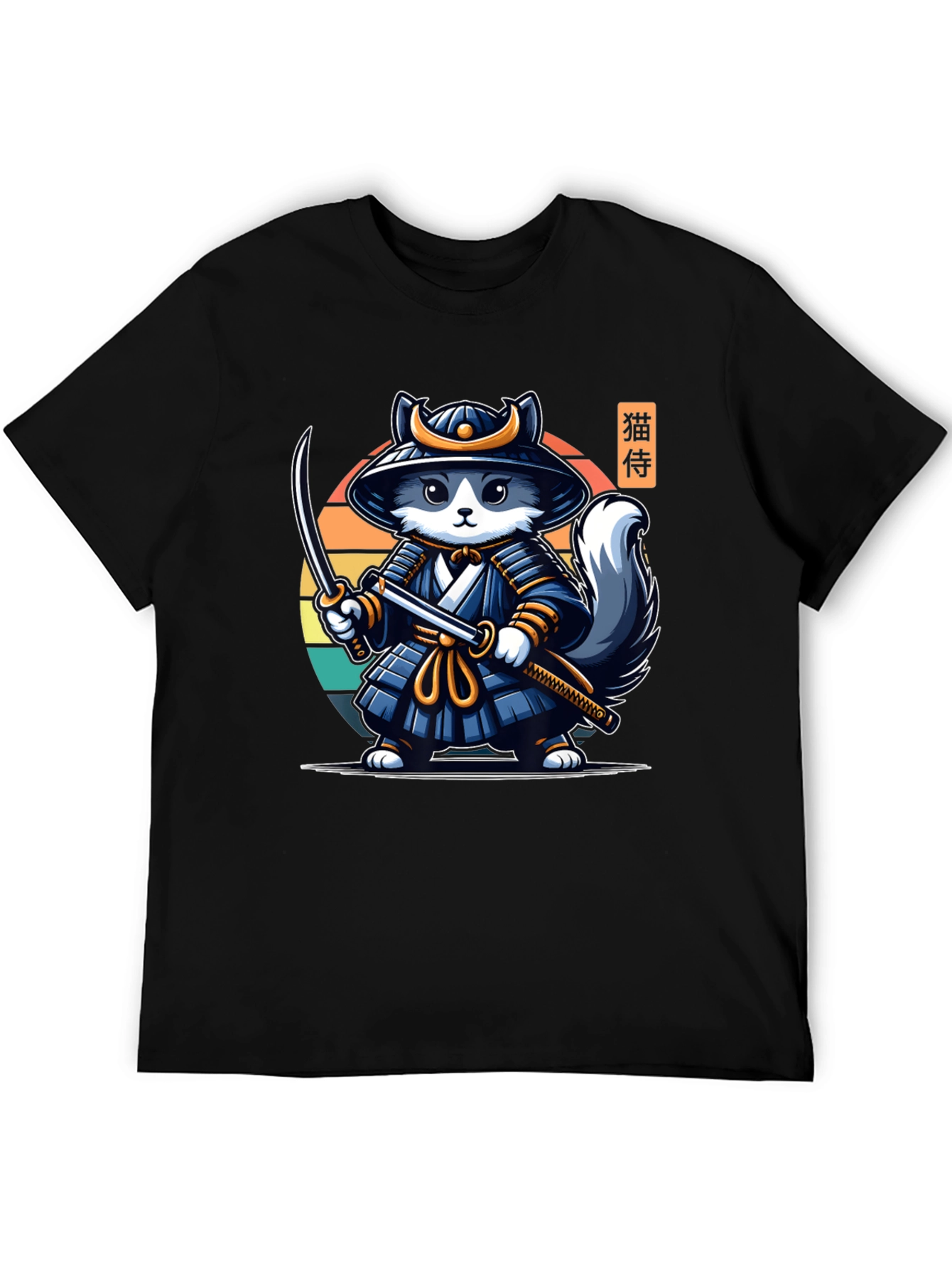 Black Samurai Cat T-Shirt - Black Crew Neck view 5