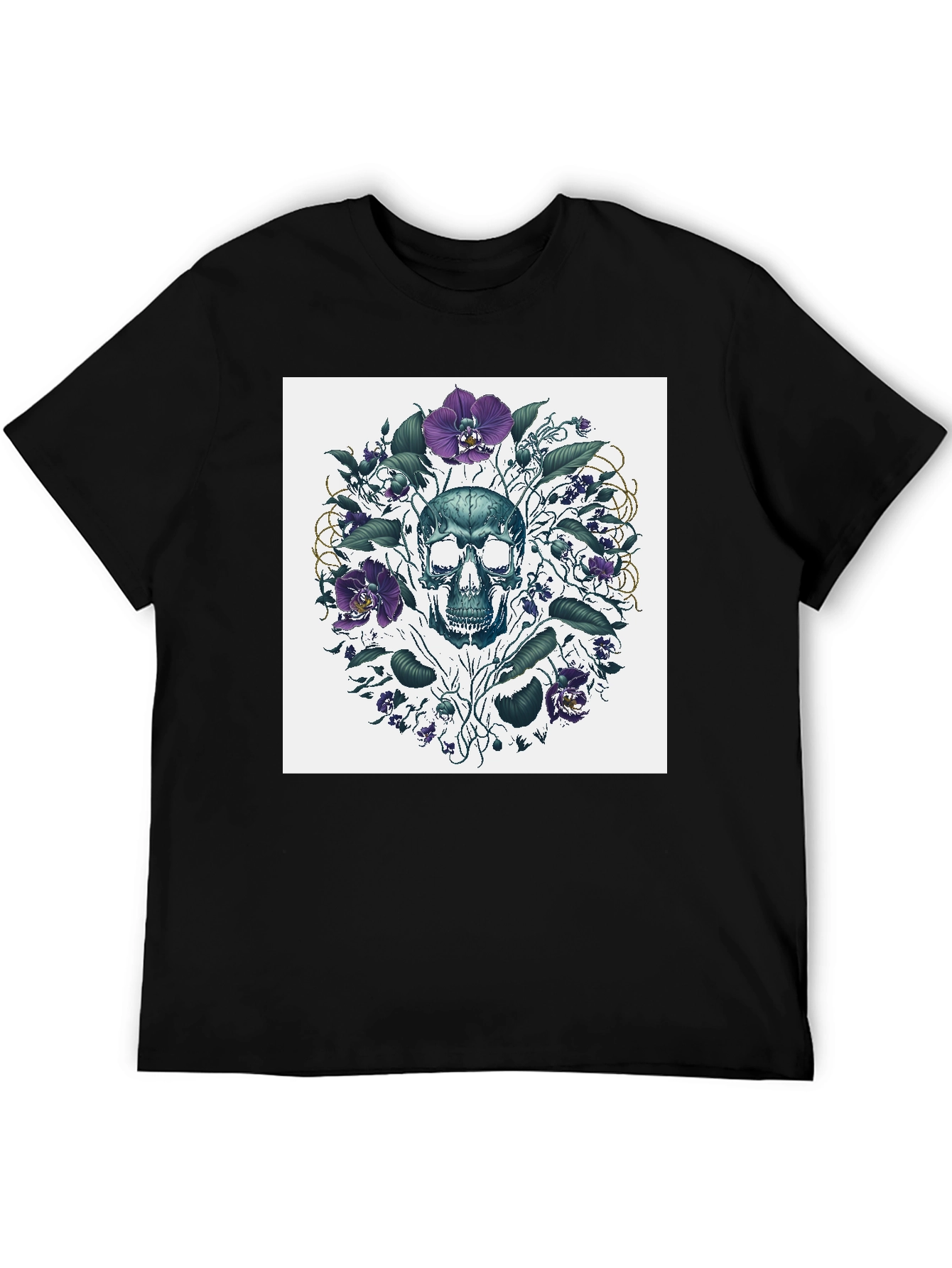 Black Skull Floral T-Shirt - Artistic Death Graphic Tee view 5