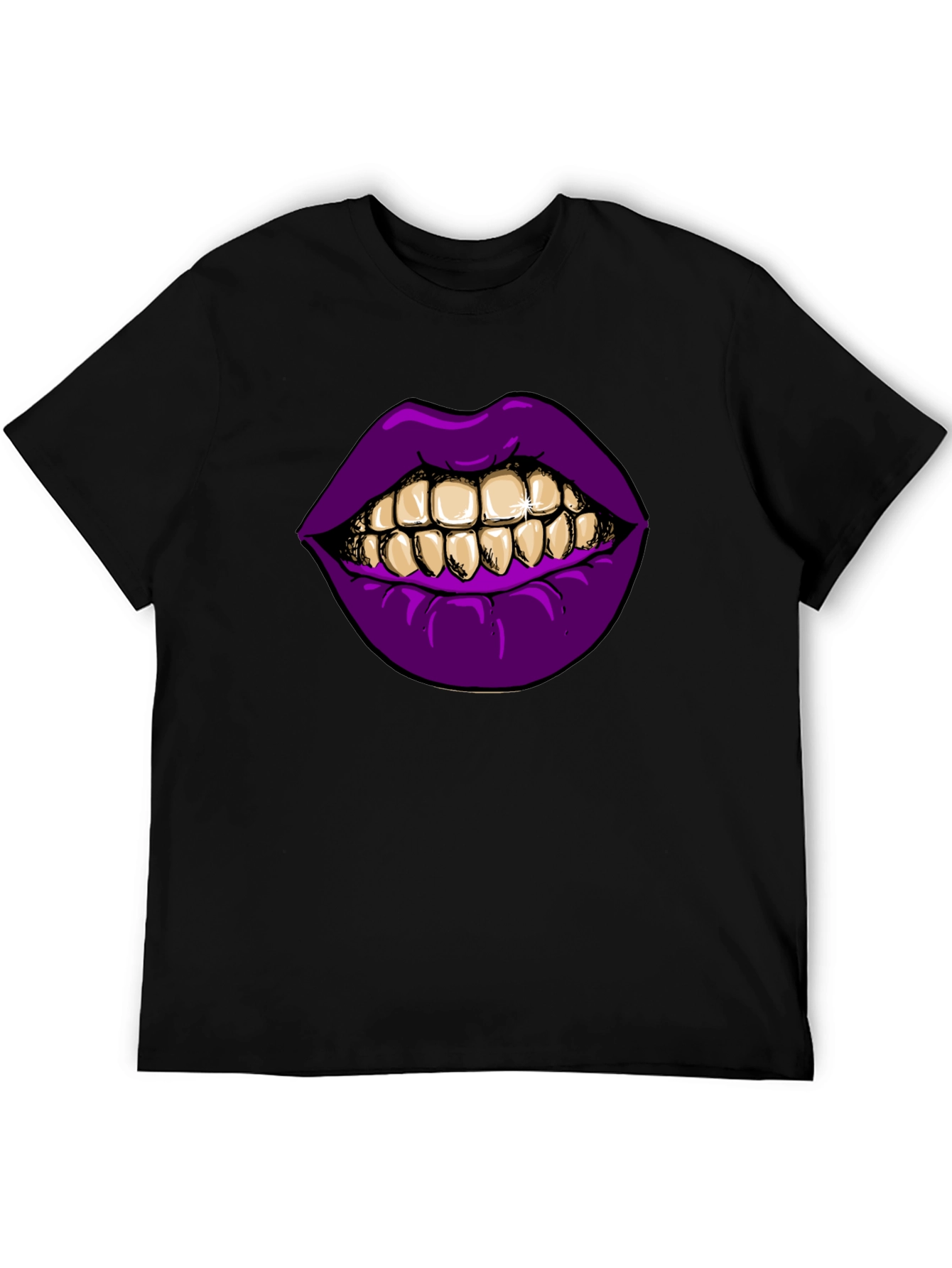 Black Purple Lips Gold Teeth Graphic Black T-Shirt view 5