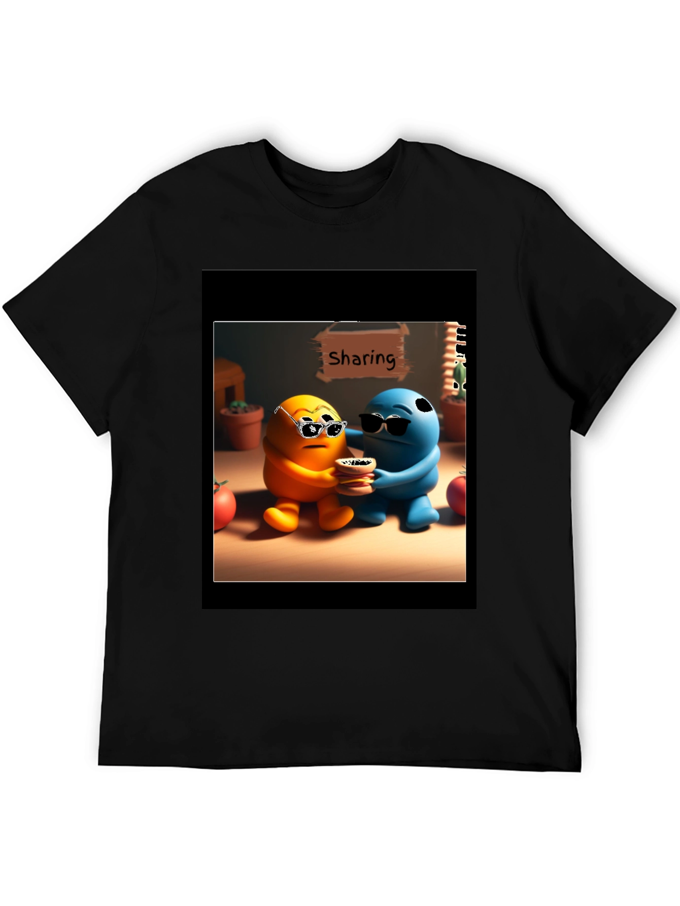 Black Sharing Cartoon Character Graphic Tee - Black view 5