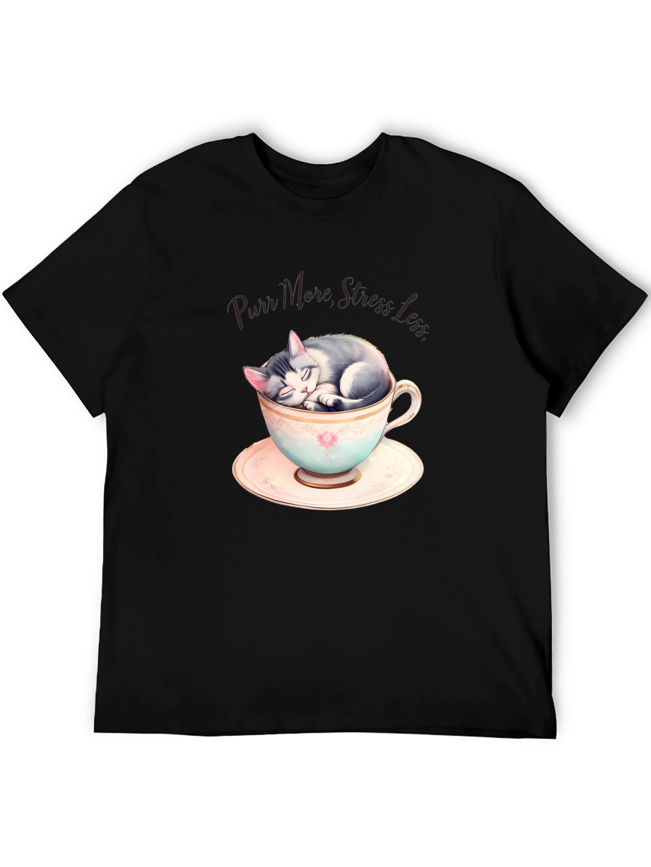 Purr More Stress Less T-Shirt: Cute Cat in Teacup - 5