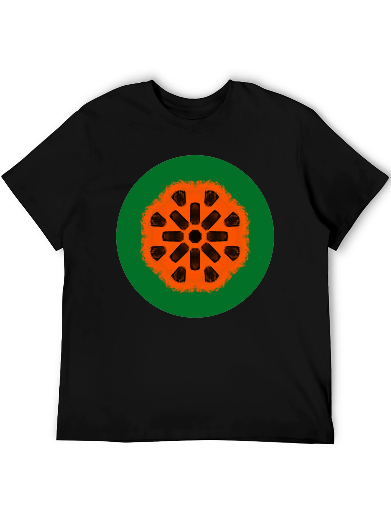 Black Graphic Tee: Orange Mandala on Green view 5