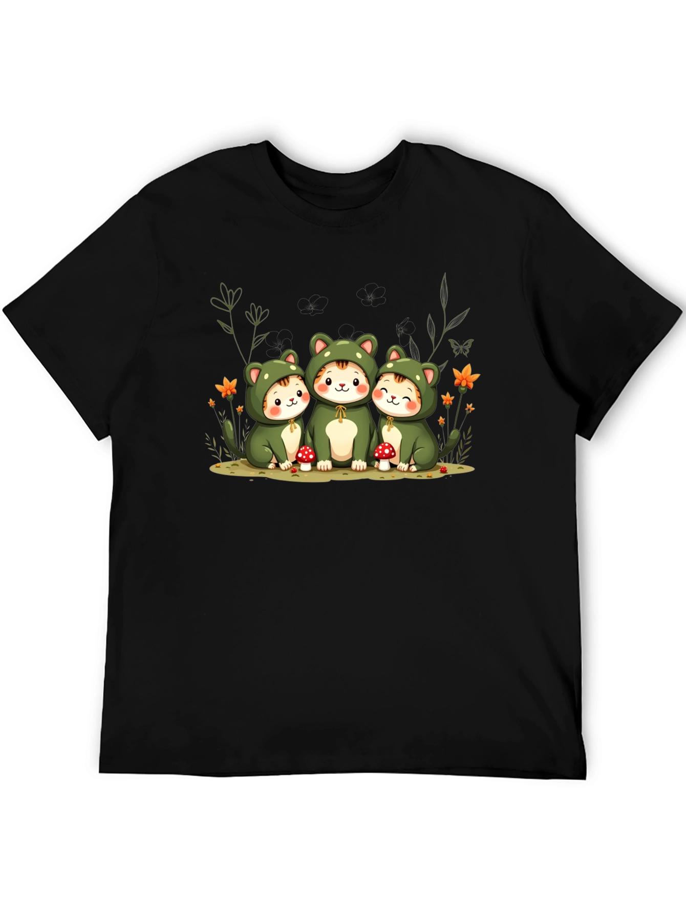 Black Cute Cats in Frog Costumes Black T-Shirt view 5