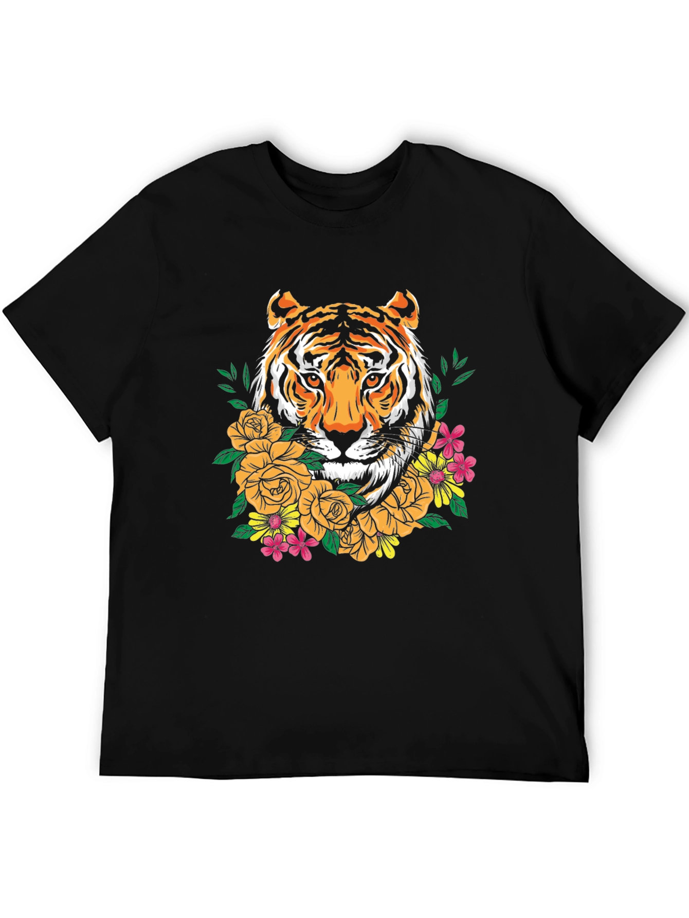 Black Tiger Floral Graphic Print Crew Neck T-Shirt view 5