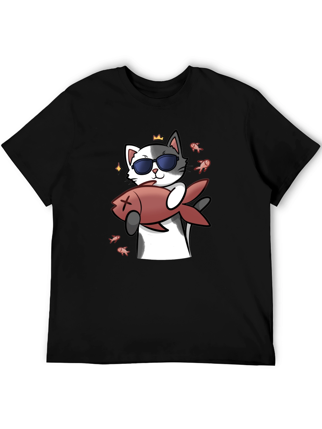 Black Cool Cat With Fish Graphic Tee - Black view 5