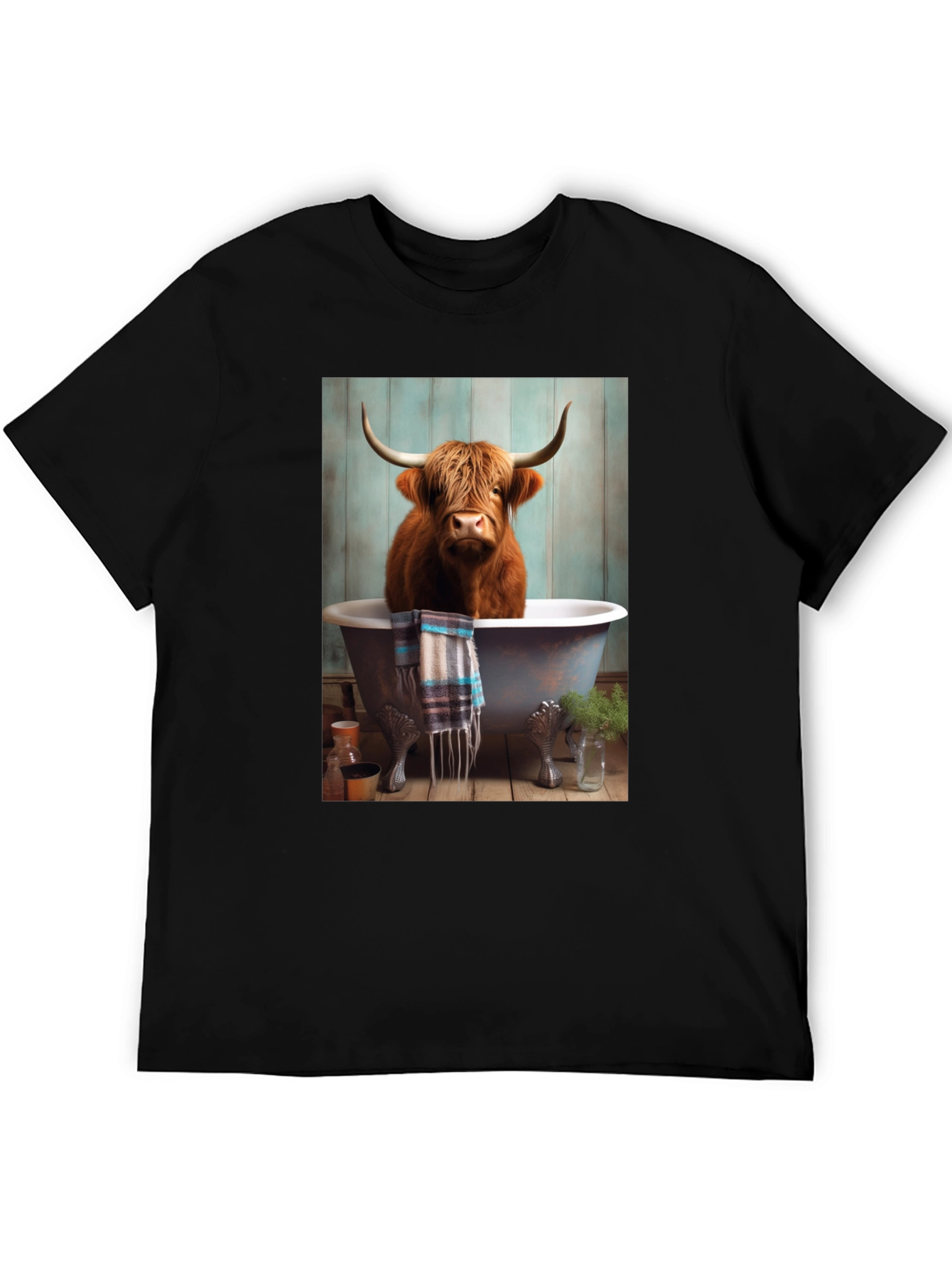 Black Highland Cow in Bathtub T-Shirt view 5