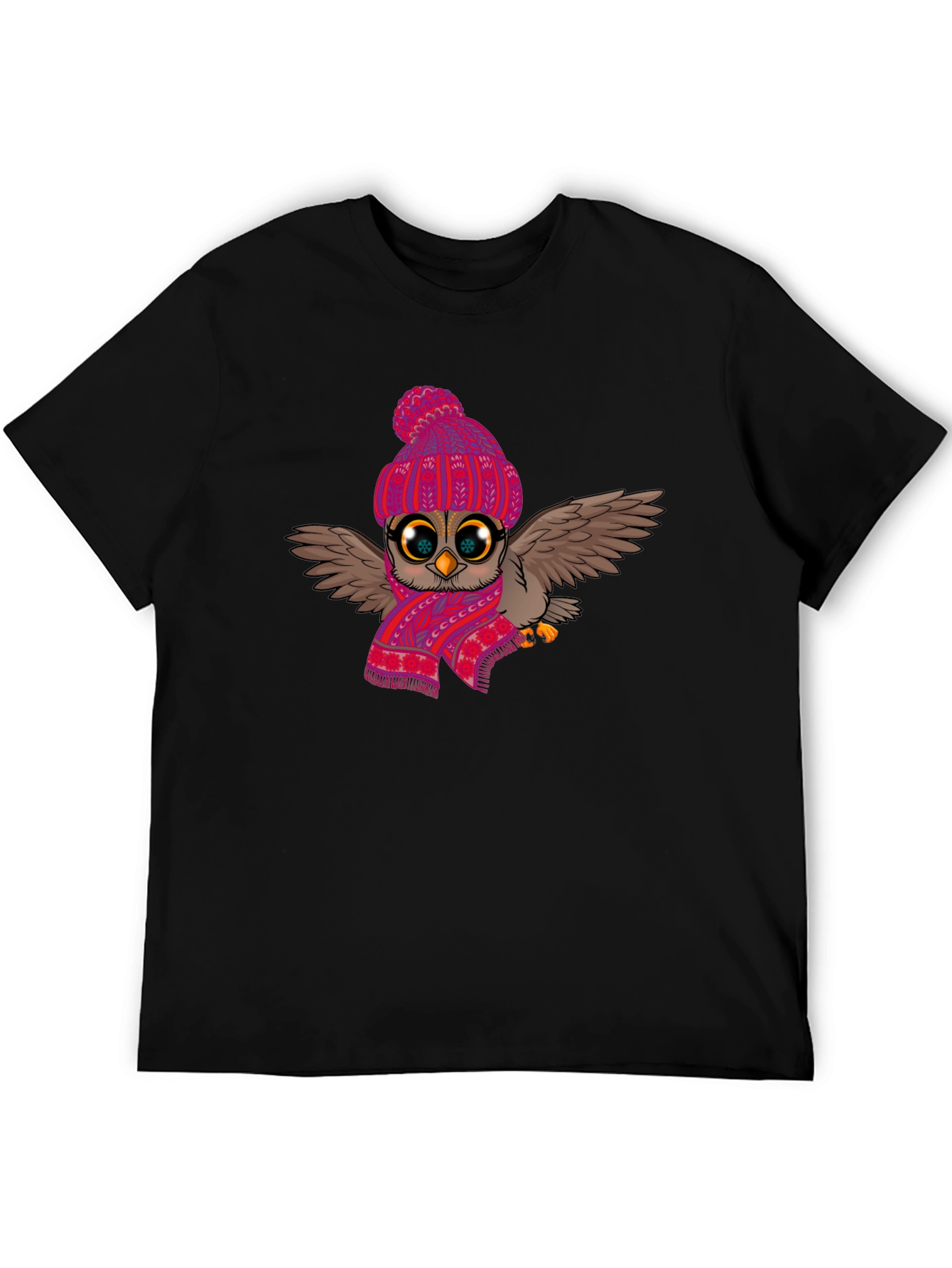 Black Winter Owl T-Shirt: Cute Cartoon Bird with Scarf & Hat view 5