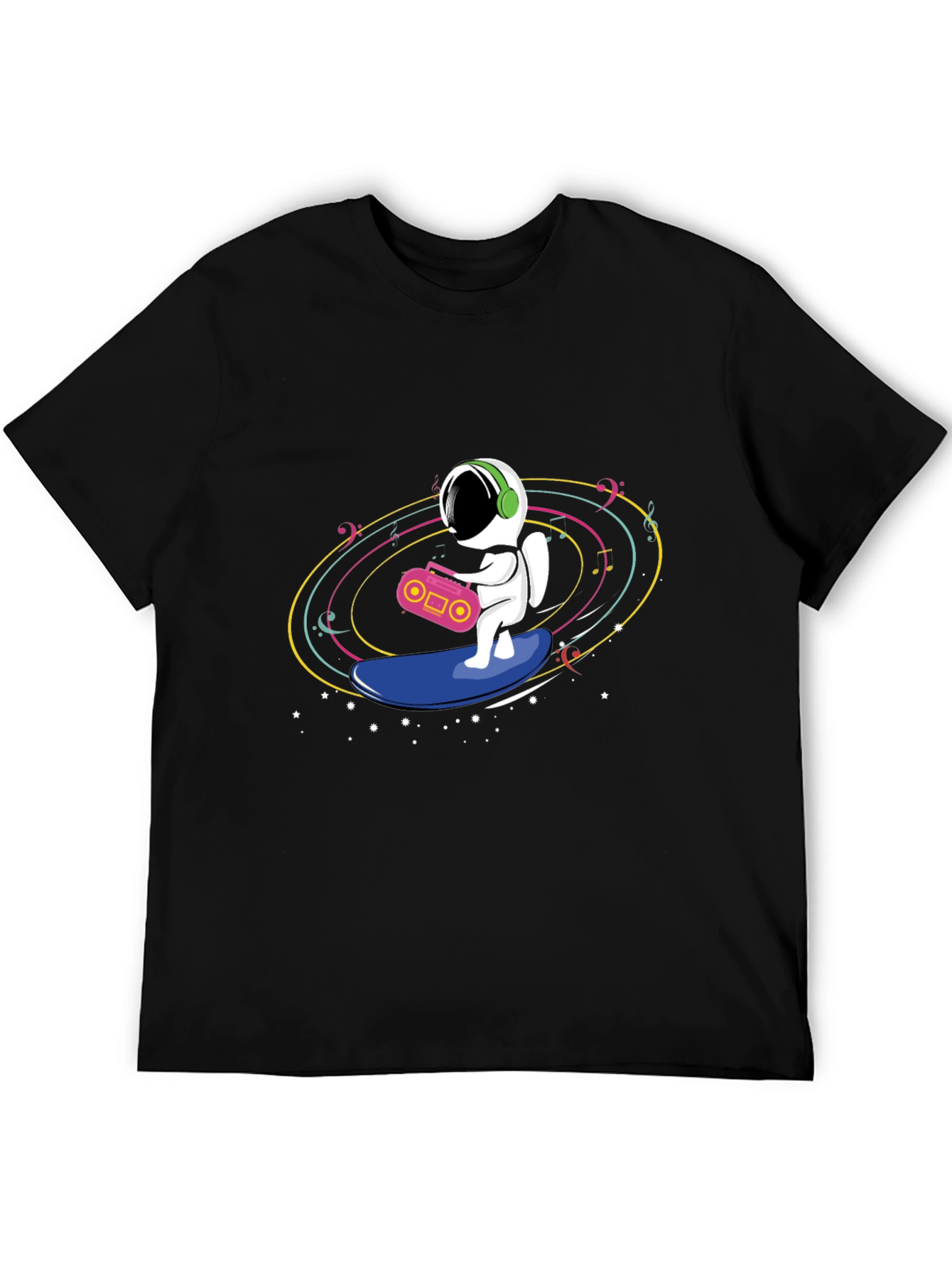 Black Astronaut Surfing T-Shirt - Space Music Vibes view 5