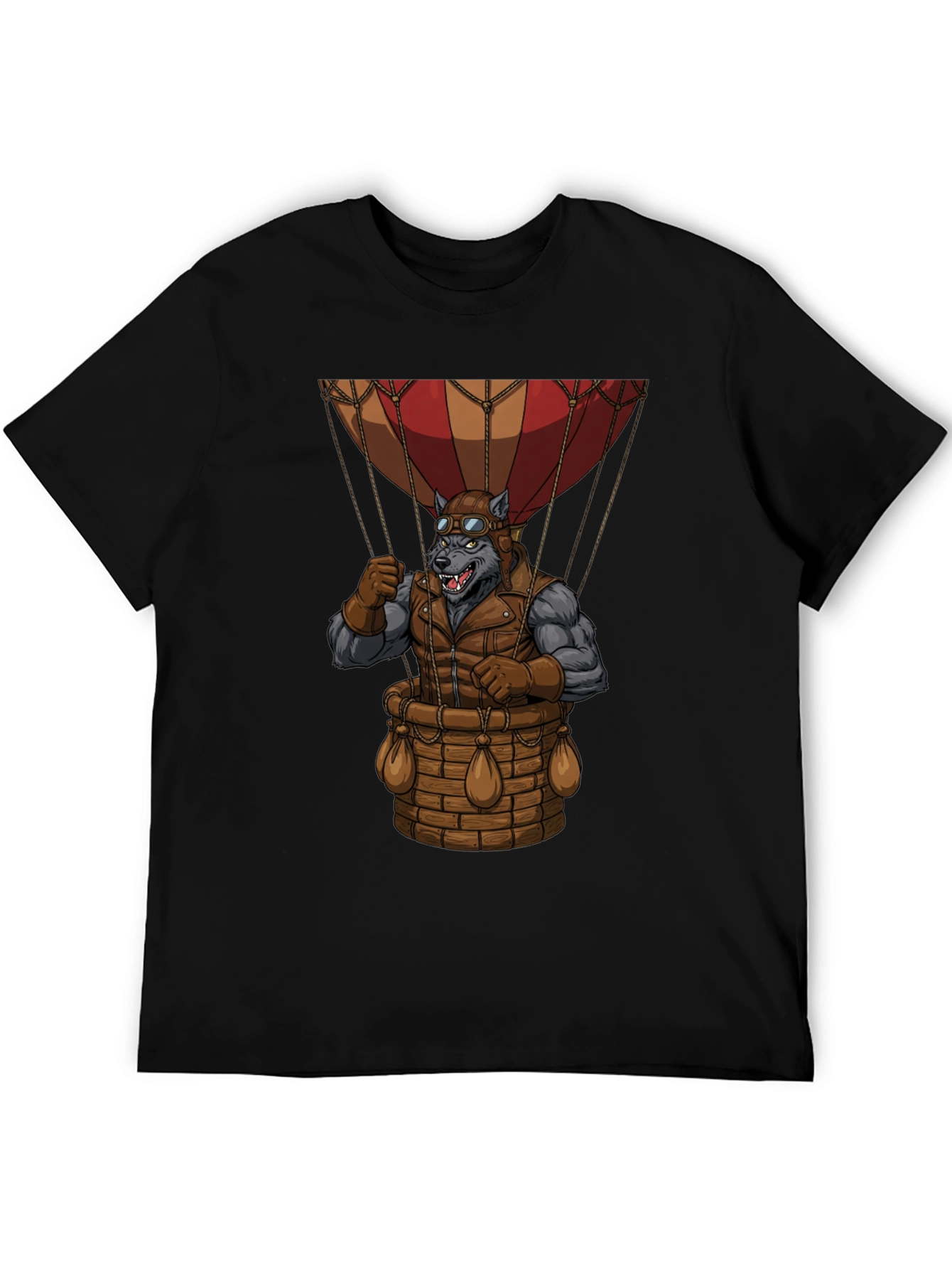 Black Steampunk Wolf Hot Air Balloon Graphic T-Shirt view 5