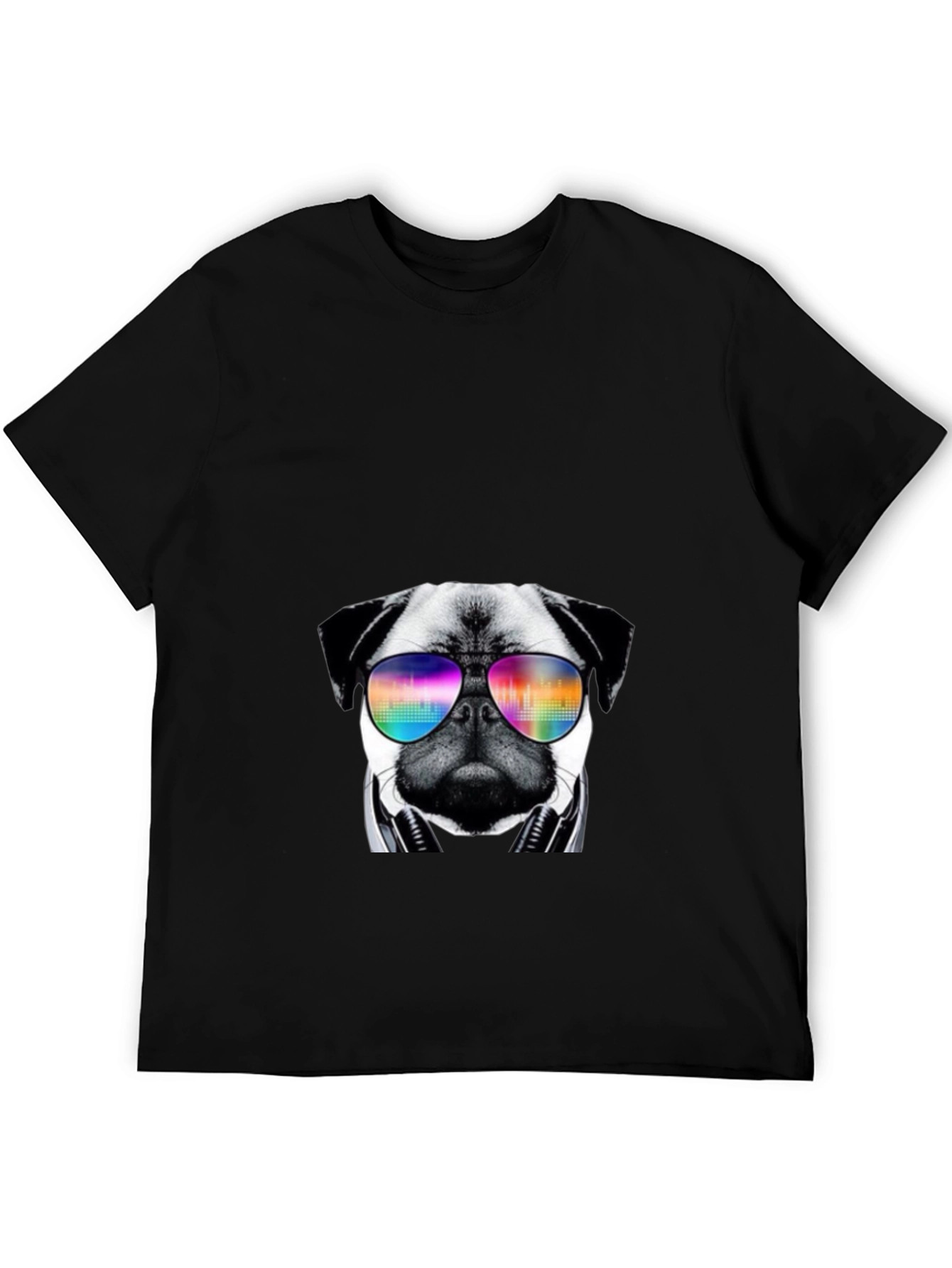 Black Cool Pug T-Shirt with Headphones and Sunglasses view 5