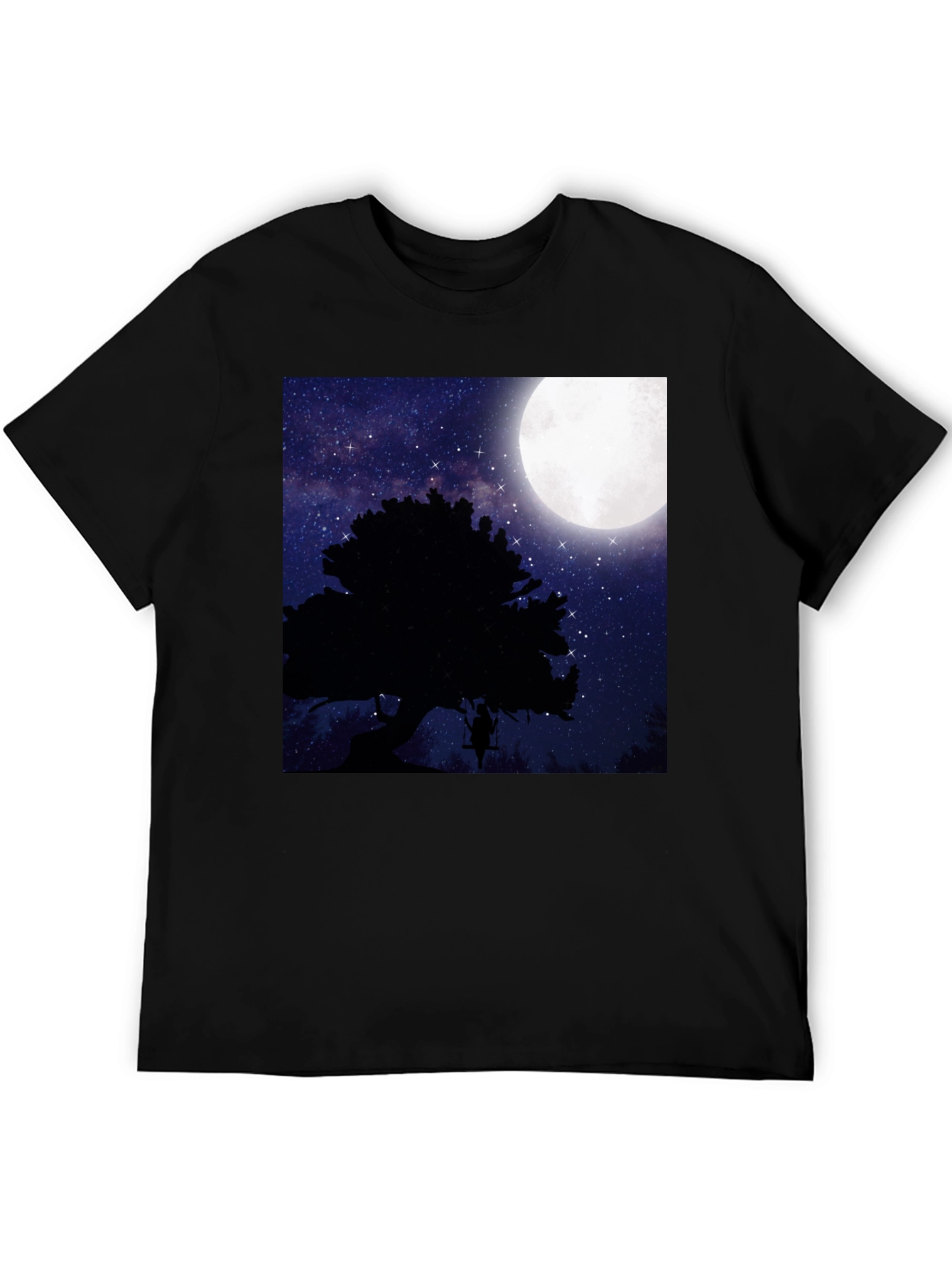Black Moonlit Swing T-Shirt - Night Sky Tree Silhouette view 5