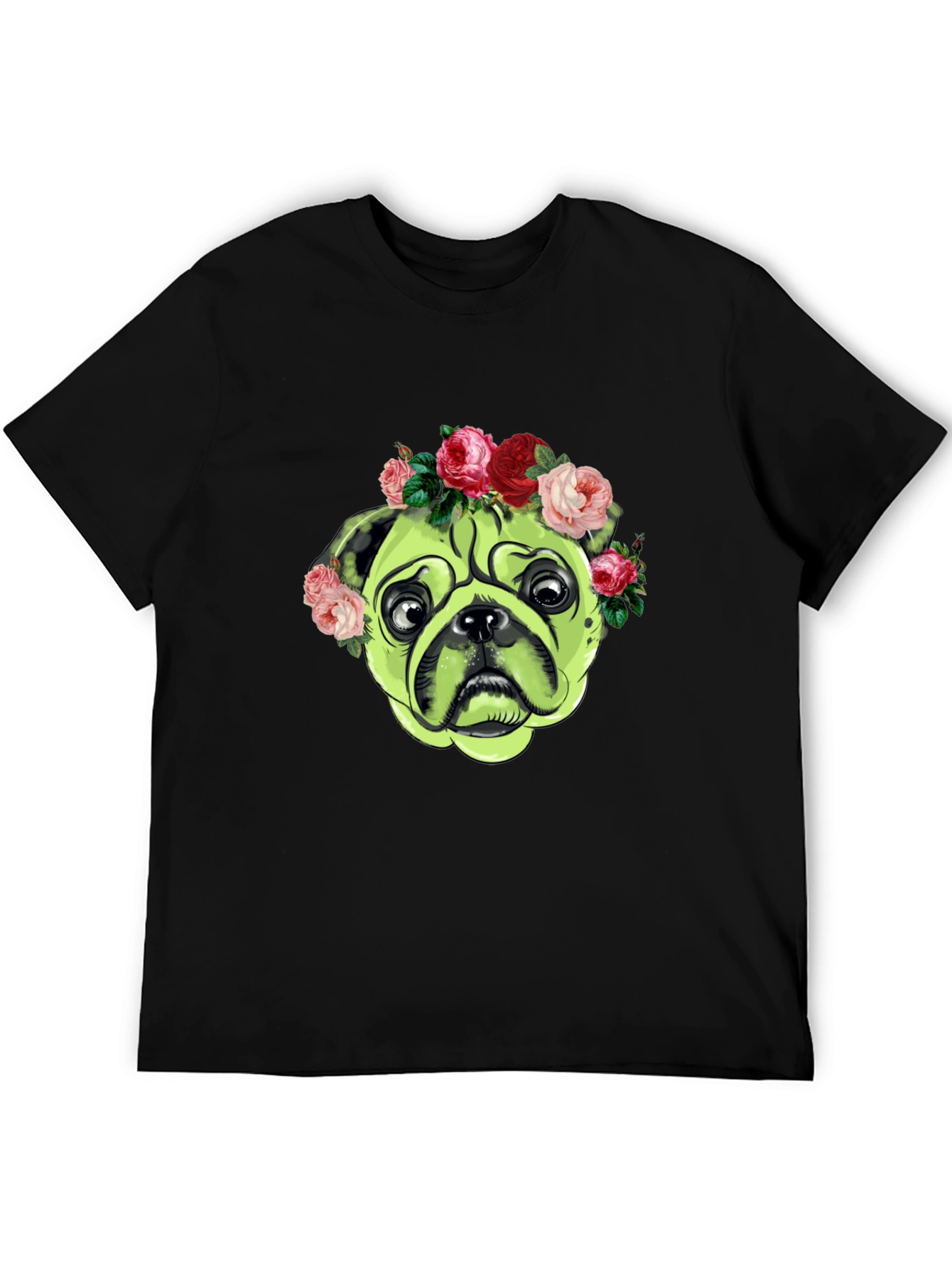 Black Pug with Floral Crown Graphic T-Shirt view 5