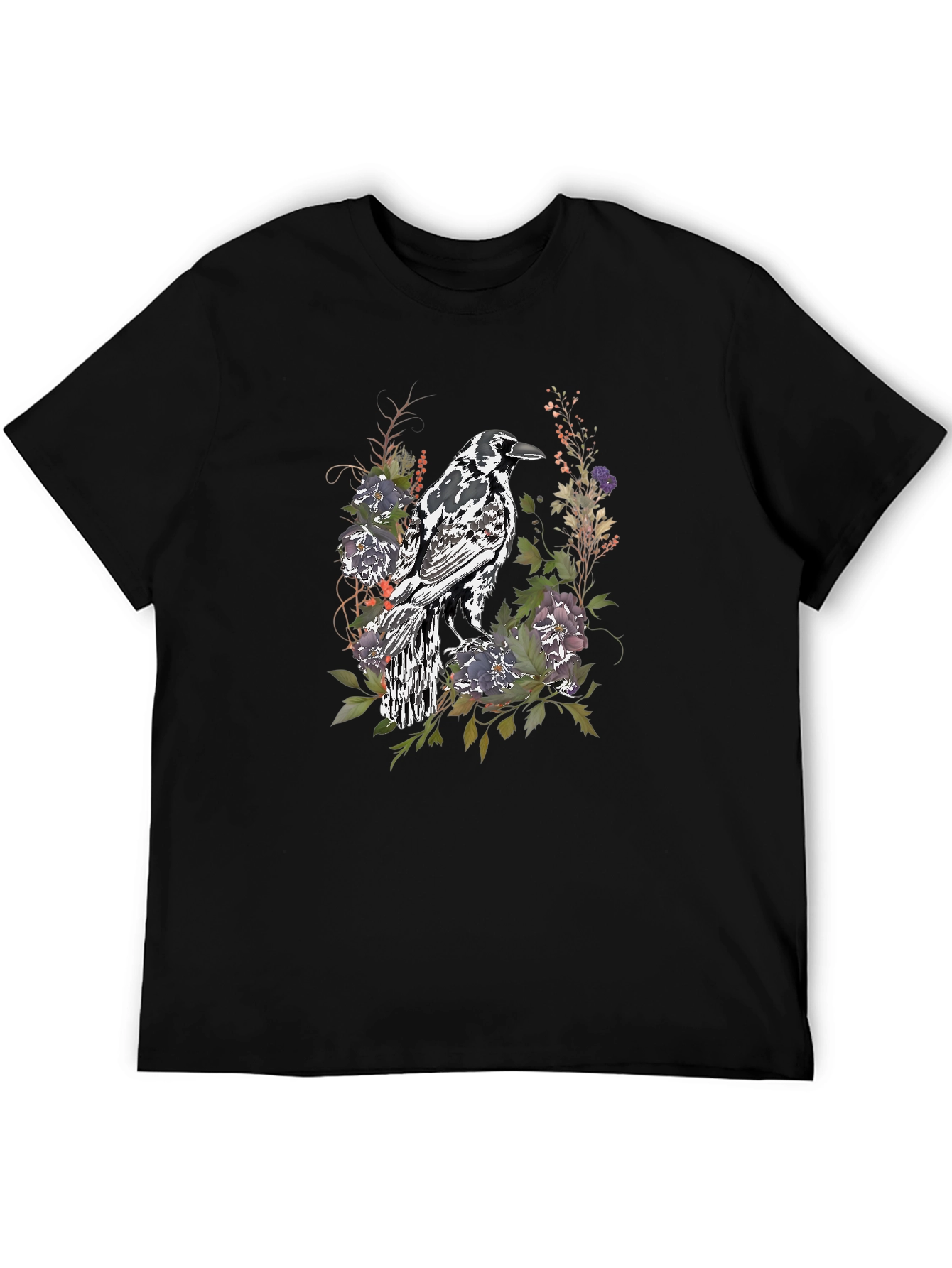 Black Raven & Floral Graphic Tee - Stylish Men's Black T-Shirt view 5