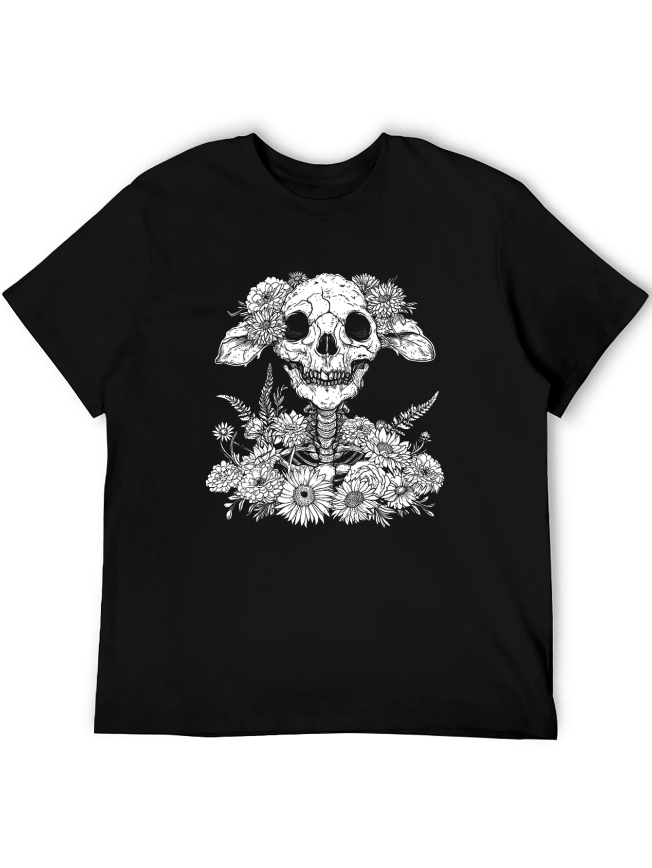 Black Floral Skull Graphic T-Shirt - Unique Design view 5