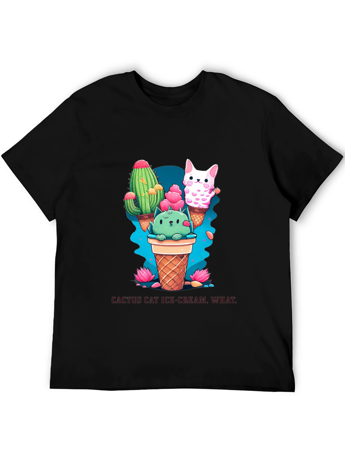 Black Cactus Cat Ice Cream Black T-Shirt view 5