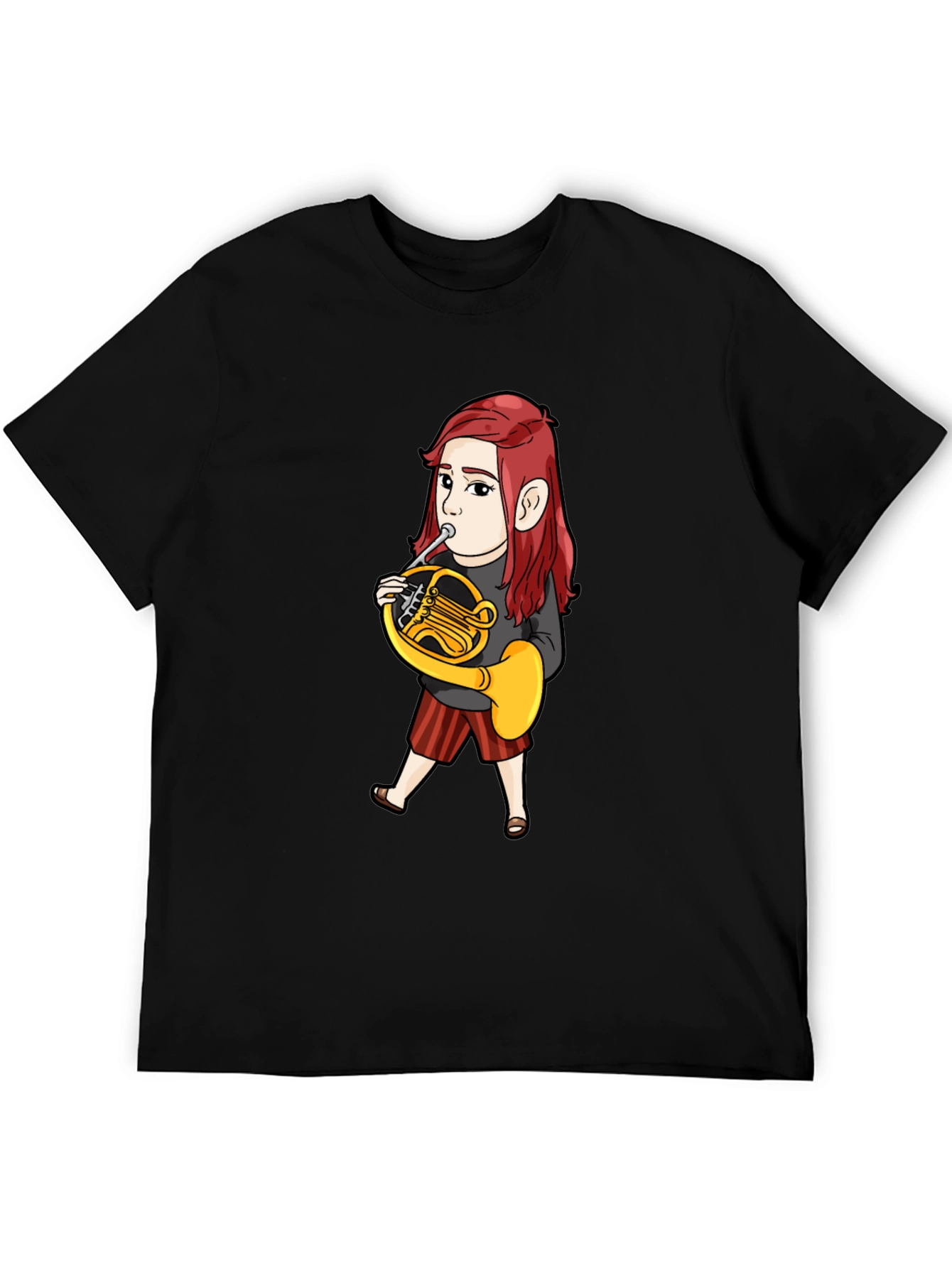Black French Horn Player Cartoon T-Shirt view 5