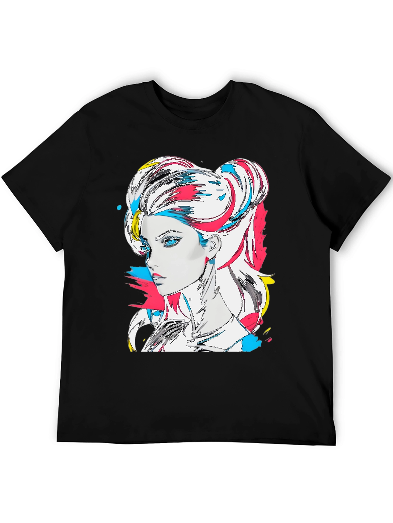 Black Vibrant Graphic Tee - Anime Woman Portrait view 5