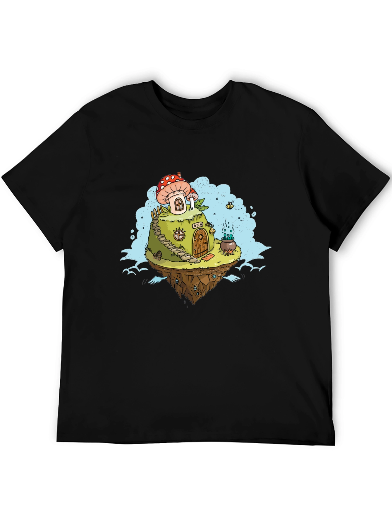 Black Mushroom House Island Graphic Tee - Whimsical Fantasy Design view 5