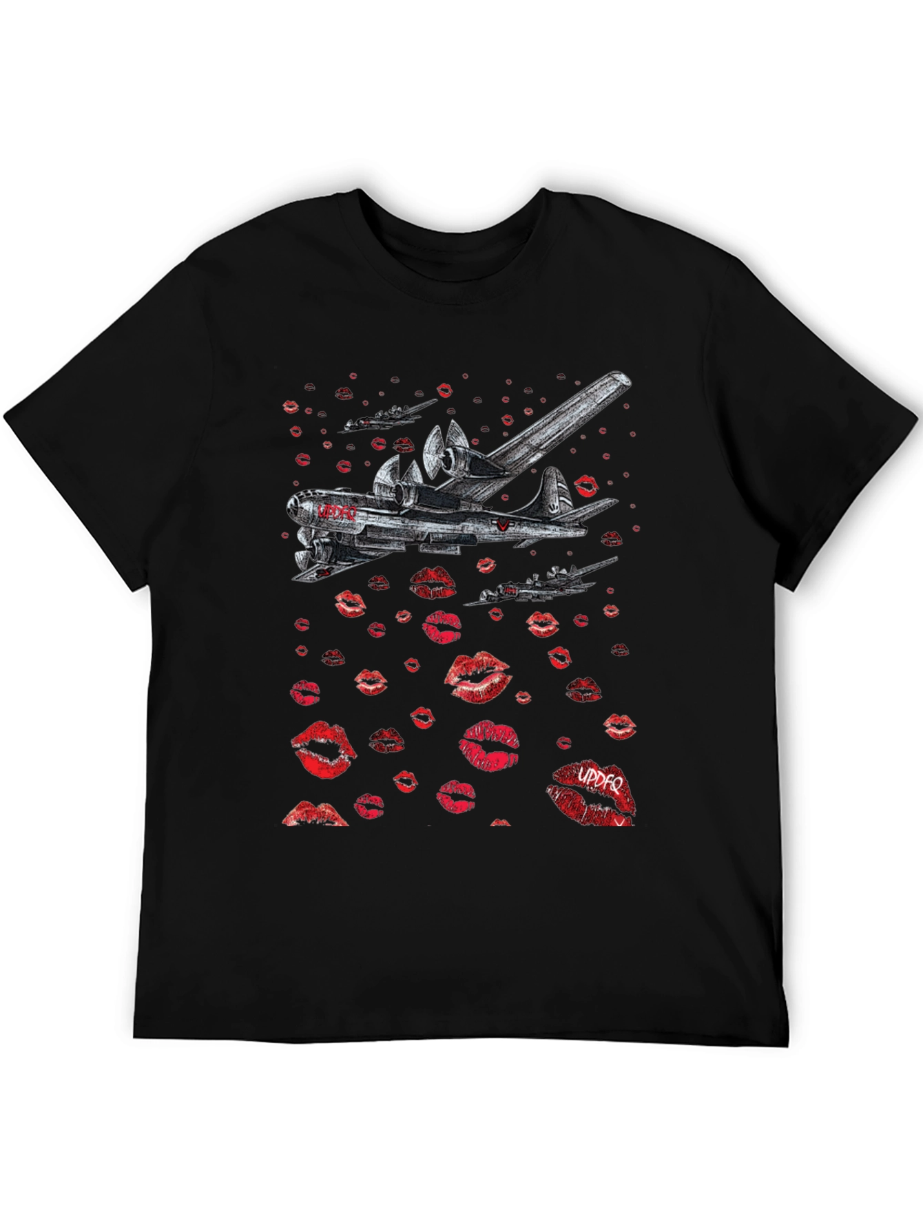 Black Bomber Plane Lips Print Graphic Tee - Unique Design view 5