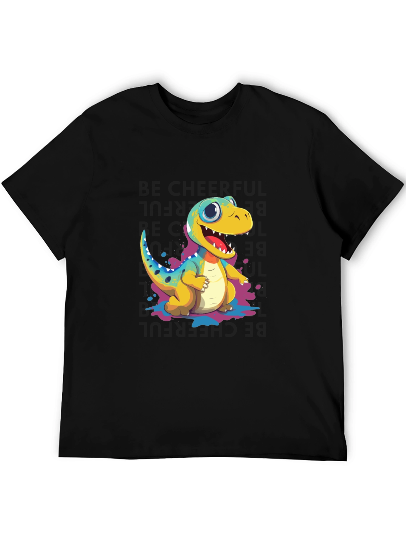 Black Cute Cartoon Dinosaur Black T-Shirt view 5