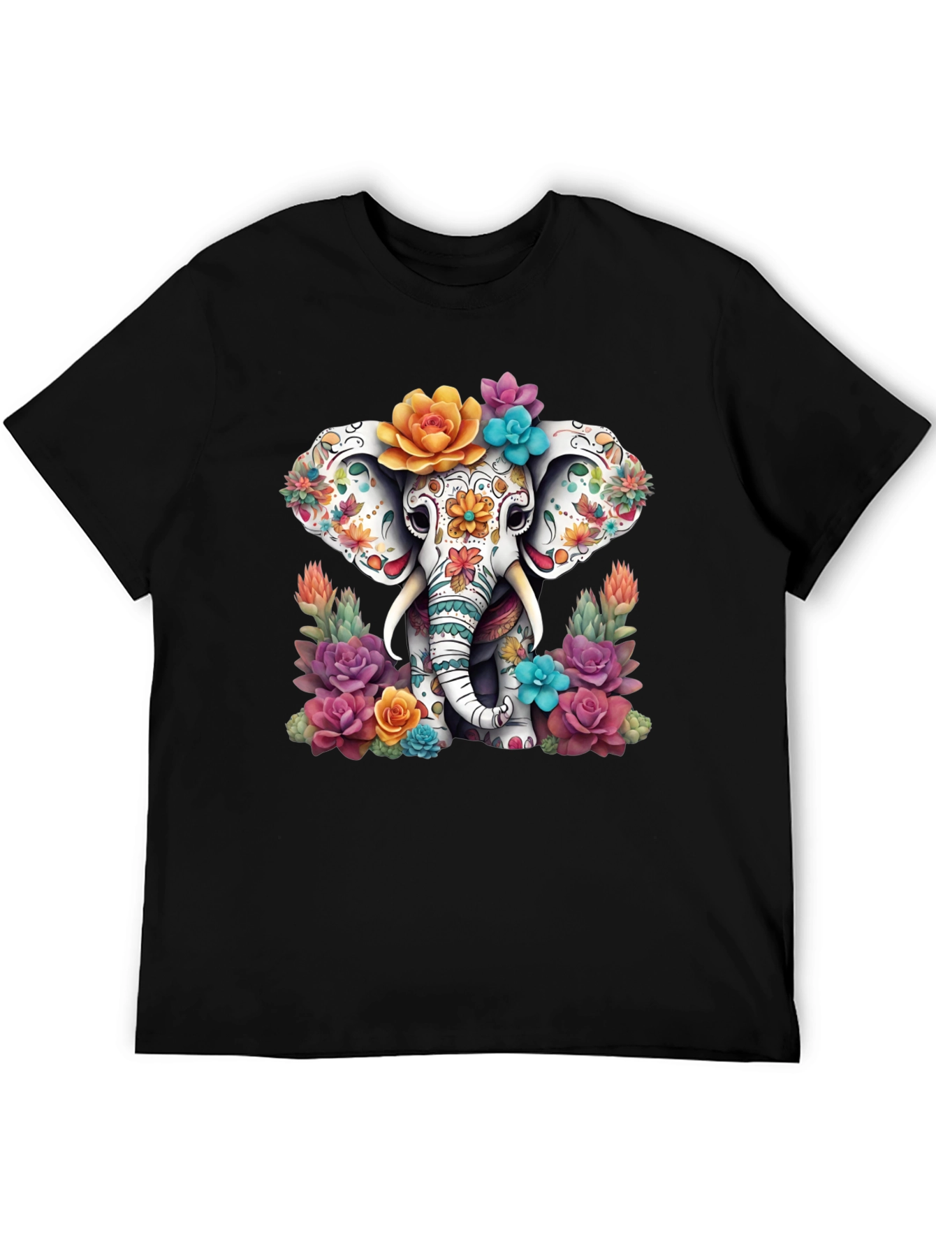 Black Floral Sugar Skull Elephant Graphic Tee view 5