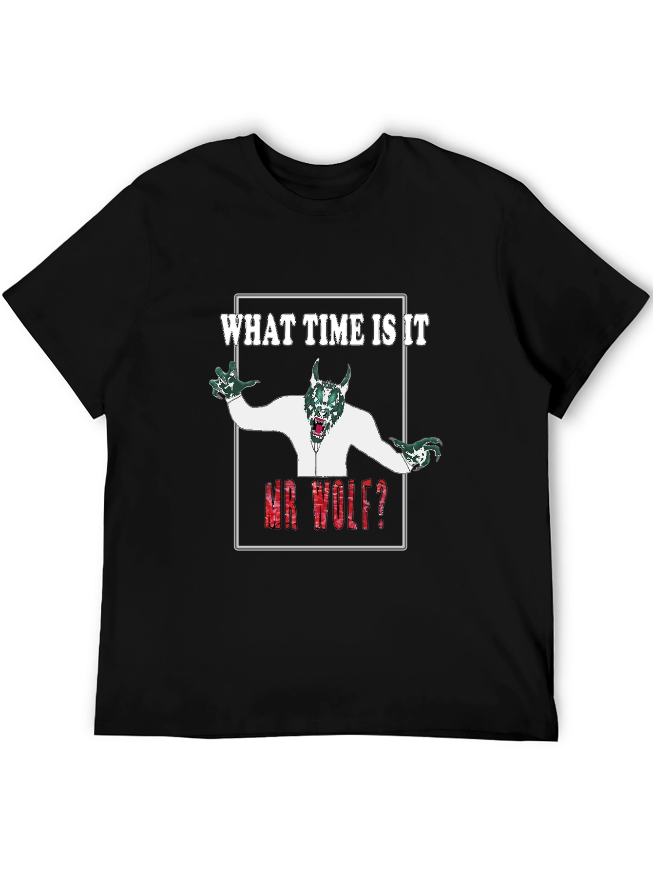 Black What Time Is It Mr. Wolf T-Shirt - Graphic Tee view 5
