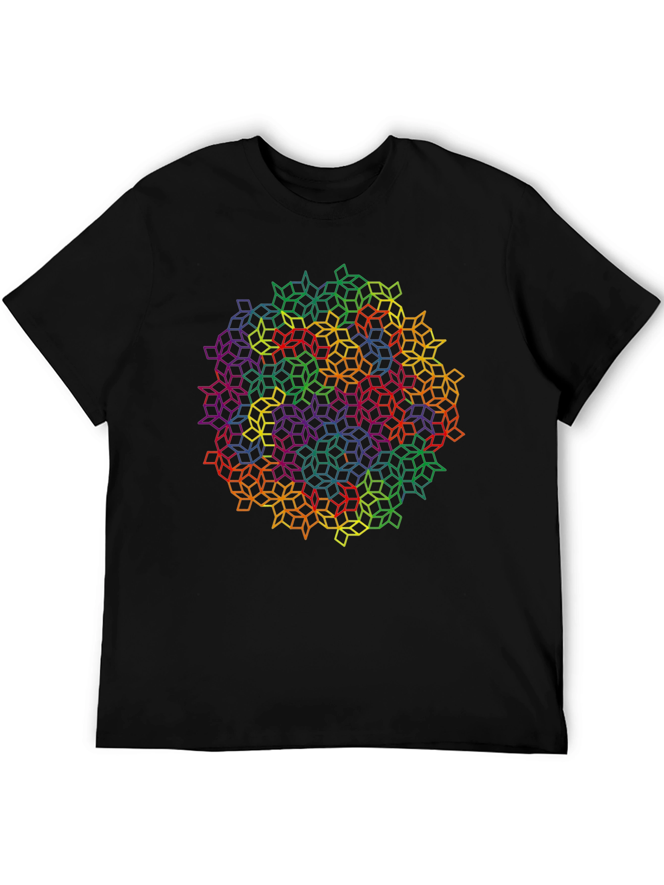 Black Geometric Rainbow Cube Pattern Black T-Shirt view 5