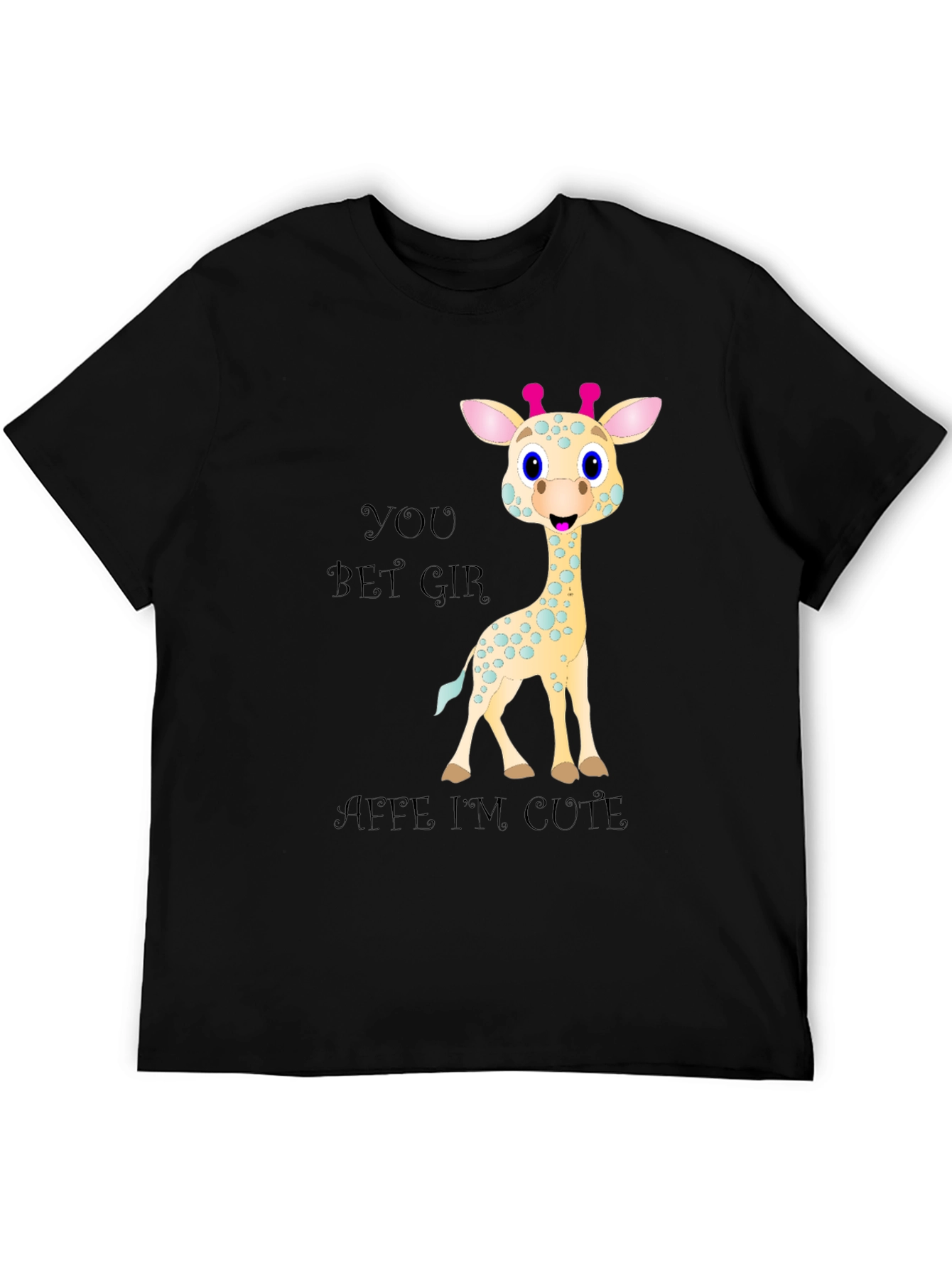Black Cute Giraffe Cartoon Black T-Shirt view 5