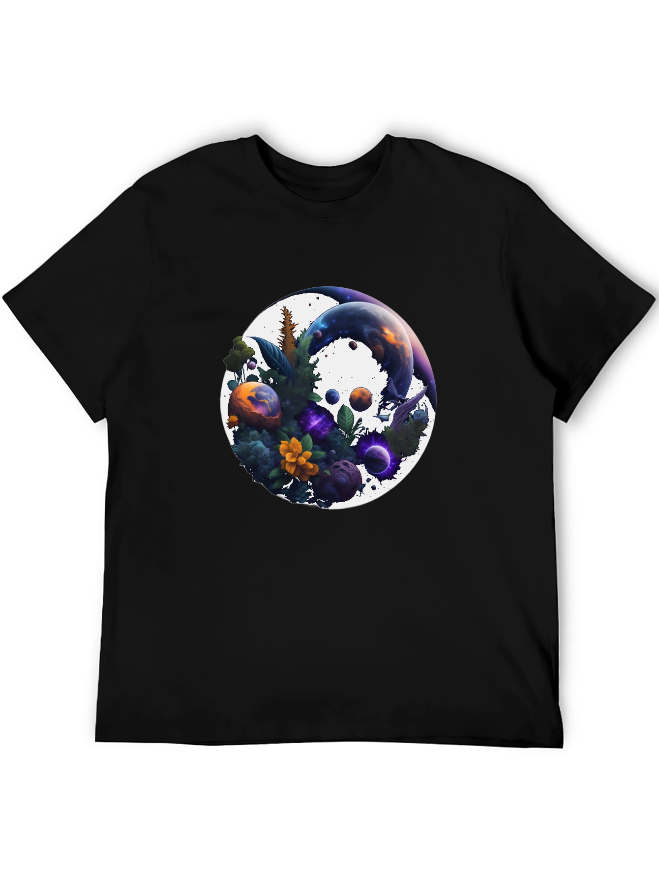 Black Cosmic Garden T-Shirt - Nature & Space Fusion view 5
