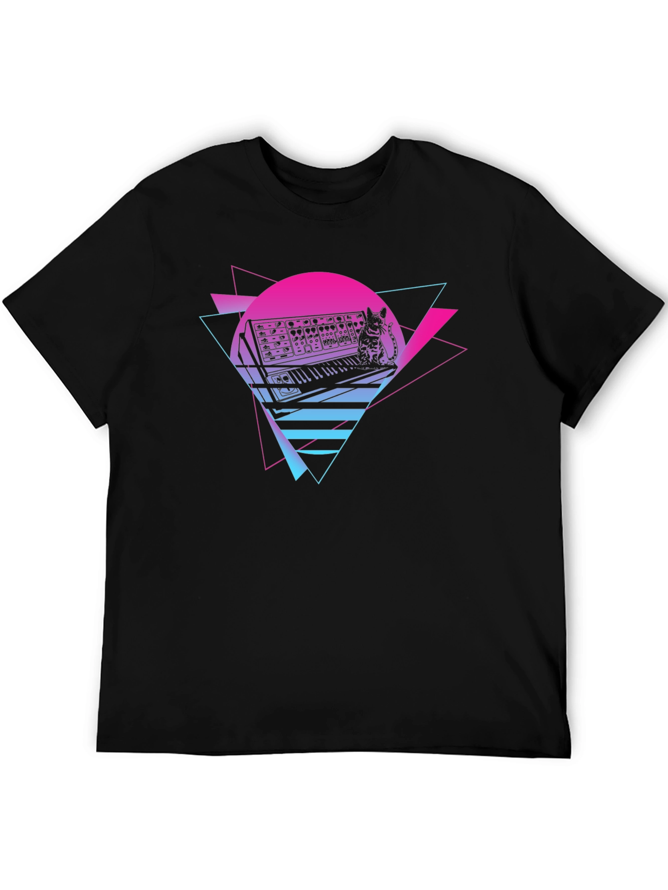 Black Synth Cat T-Shirt - Retro Wave Style view 5