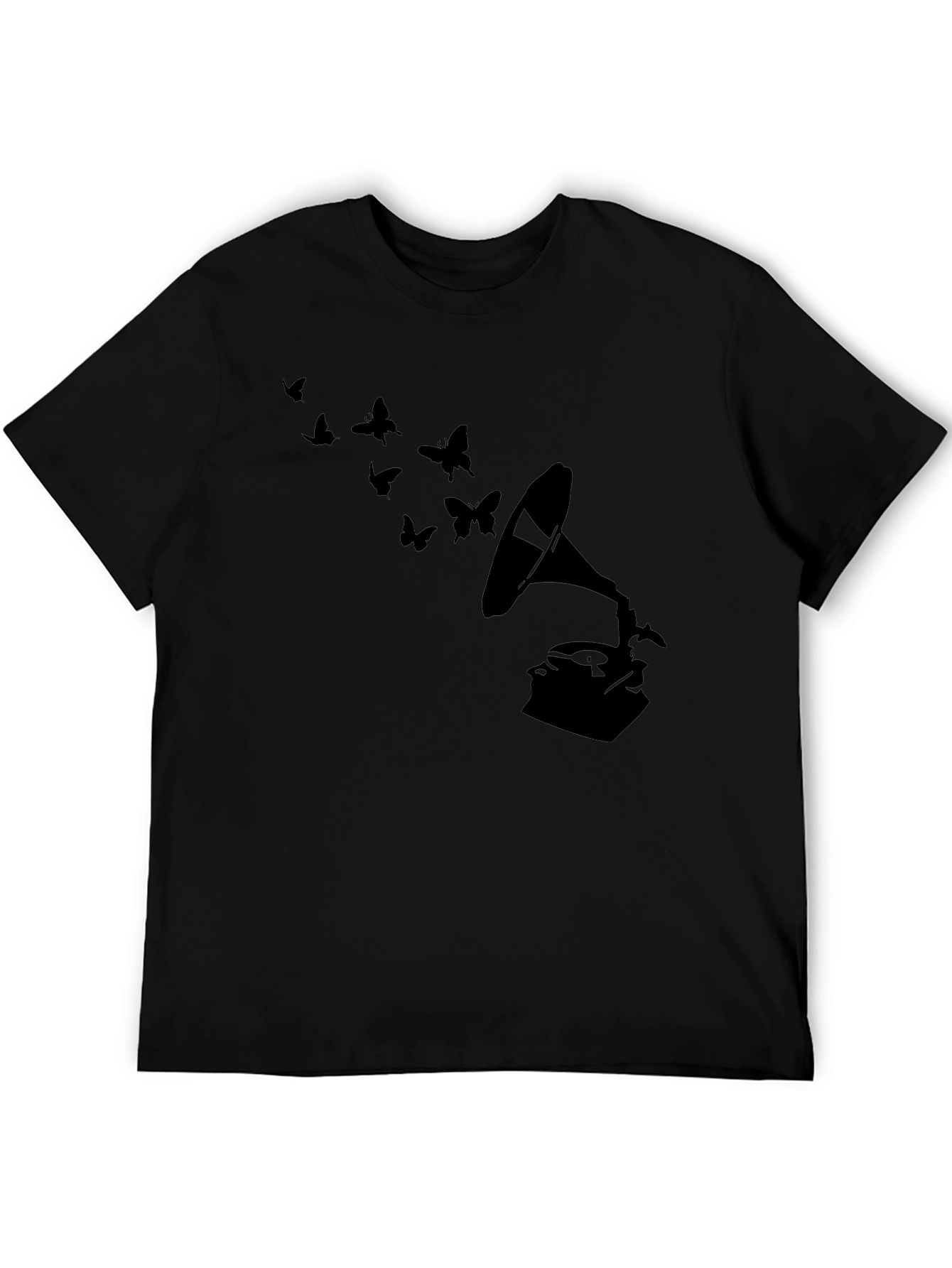 Black Vintage Gramophone & Butterfly T-Shirt - Stylish Retro Tee view 5