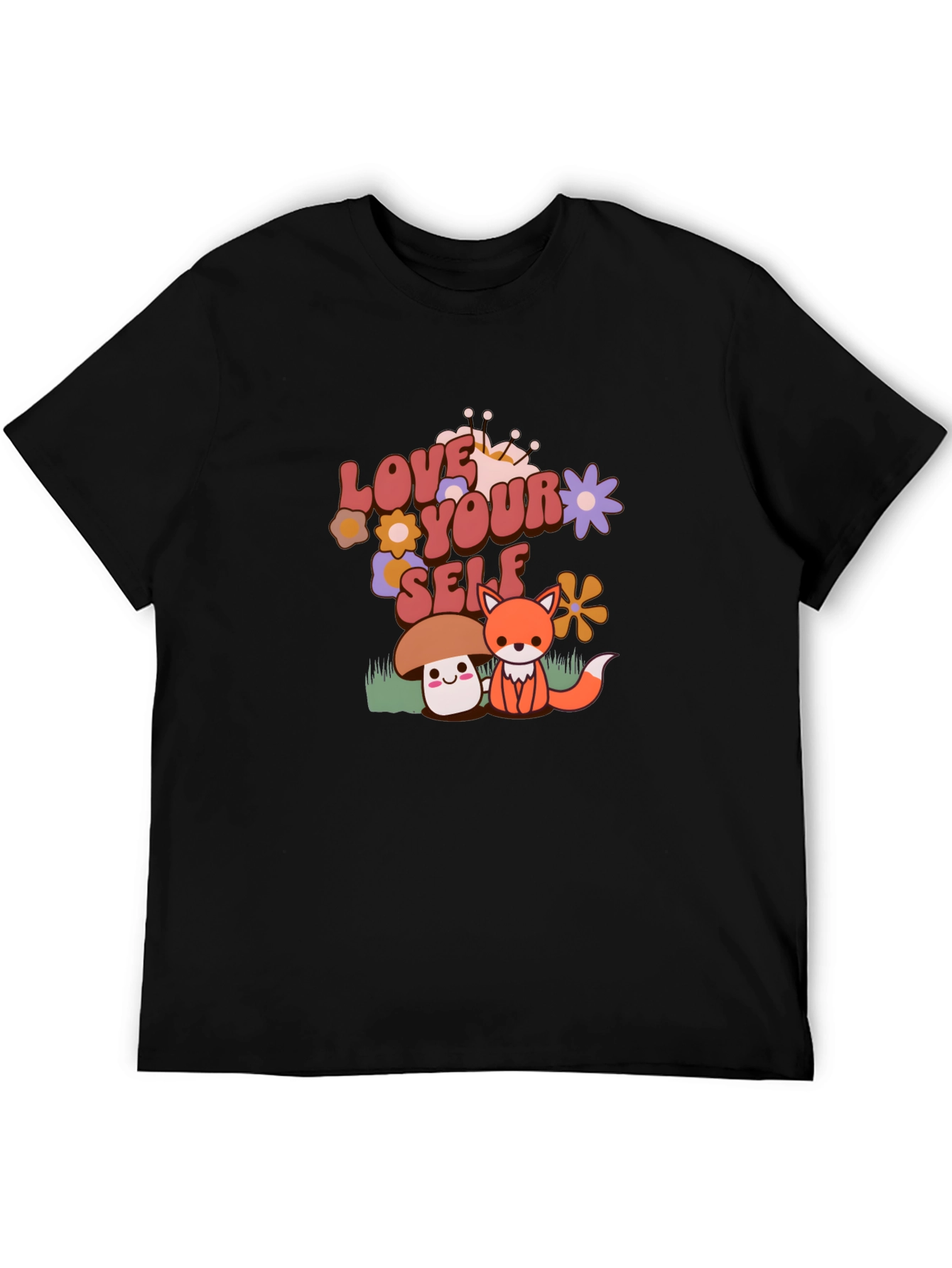 Black Love Yourself T-Shirt with Cute Mushroom and Fox Design view 5