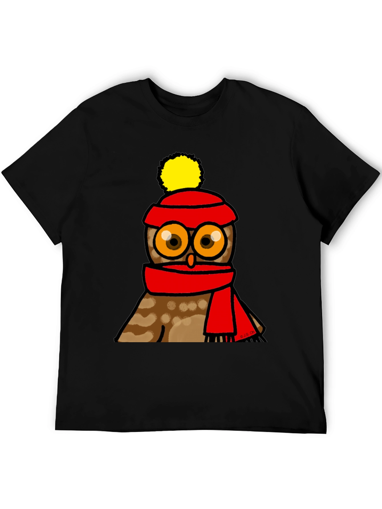 Black Cute Owl in Hat & Scarf Graphic T-Shirt view 5