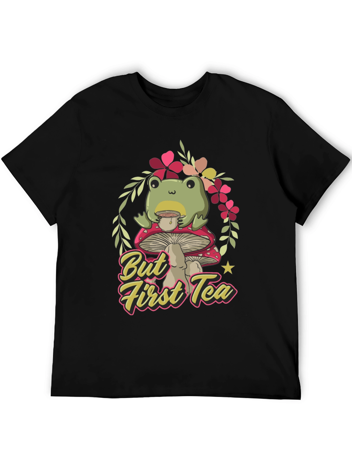 Black Frog Sipping Tea on Mushroom T-Shirt view 5