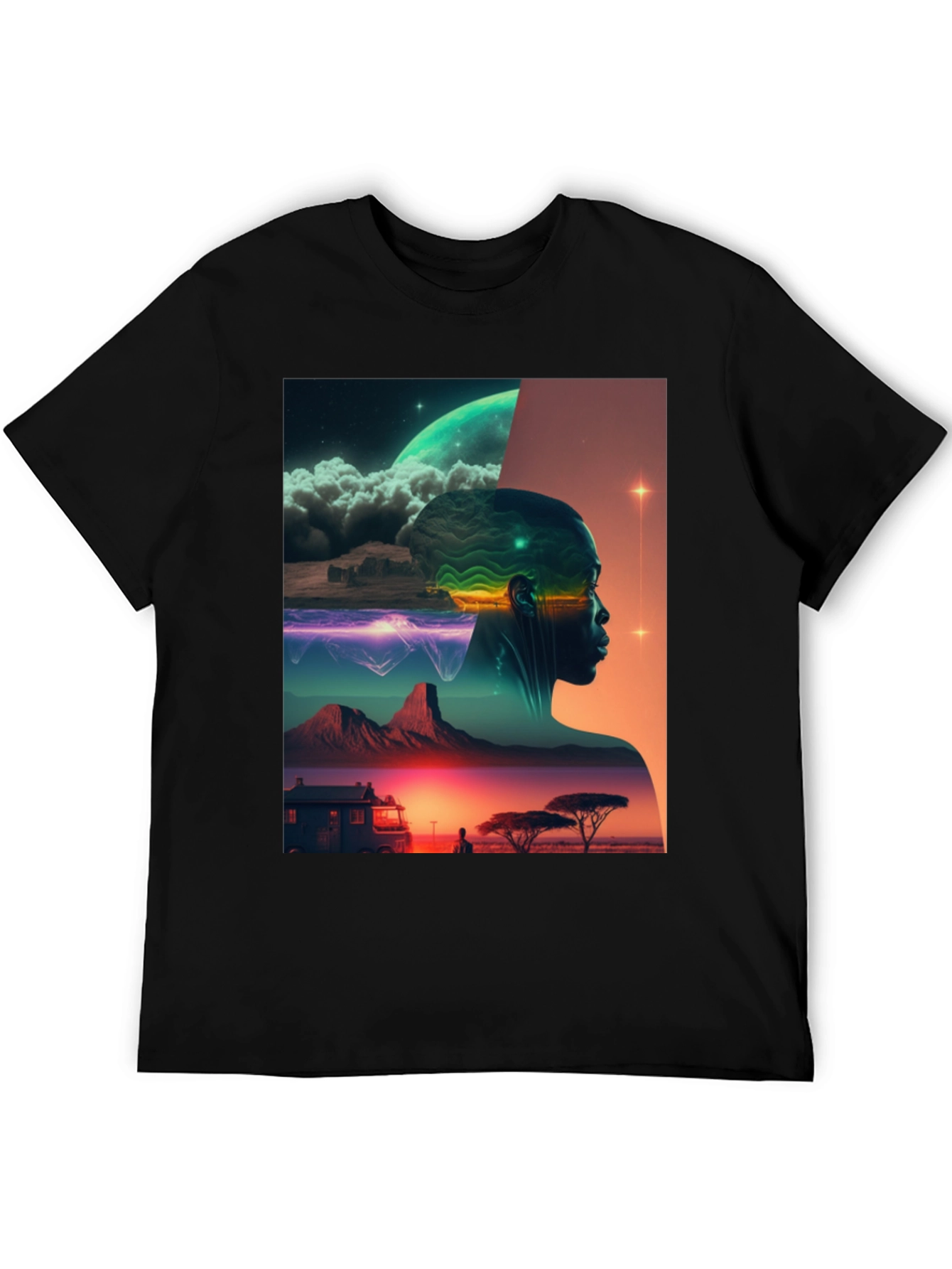 Black Afrofuturism Graphic Tee - Sci-Fi Landscape Black T-Shirt view 5