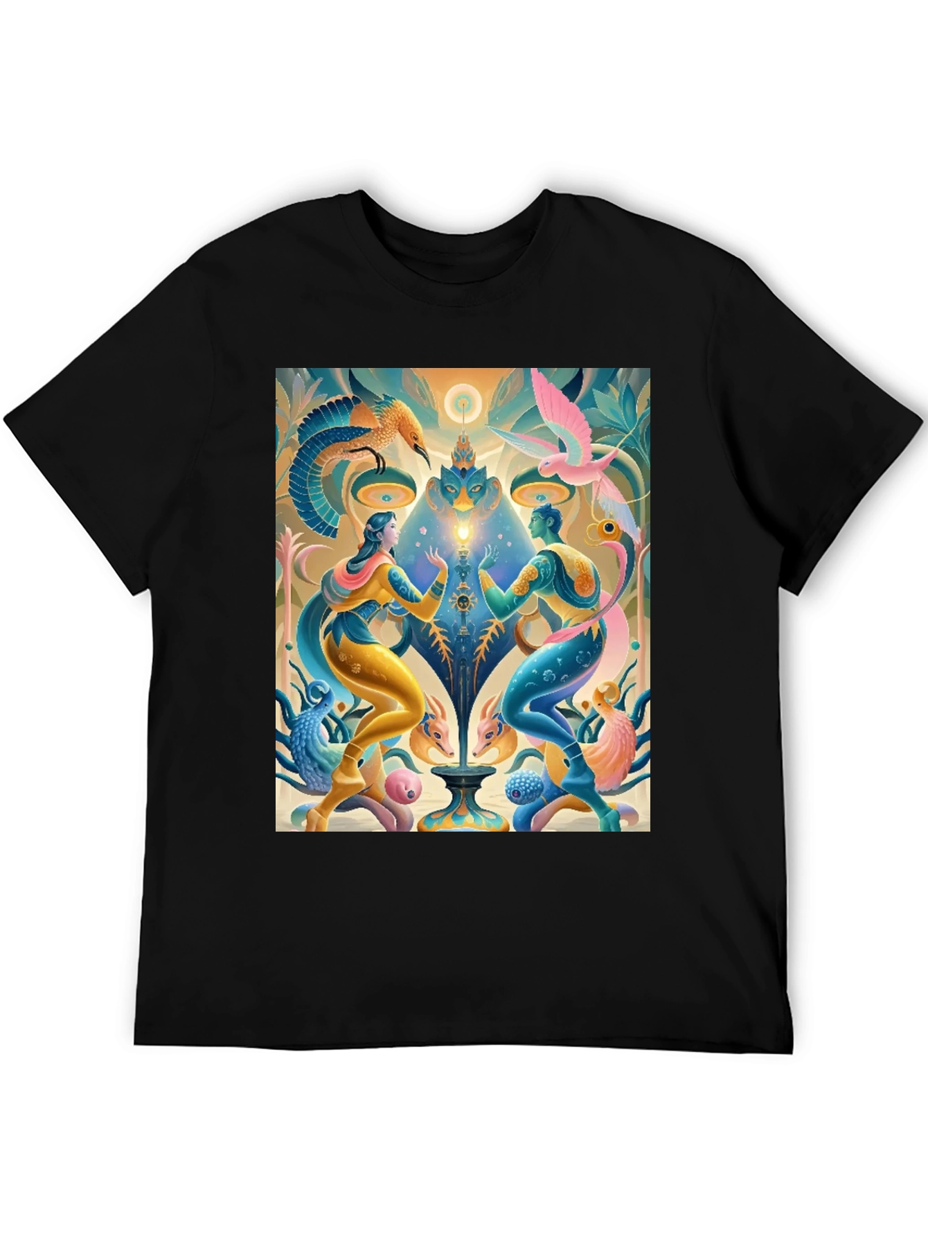 Black Artistic T-Shirt: Mystical Bird and Figure Design view 5