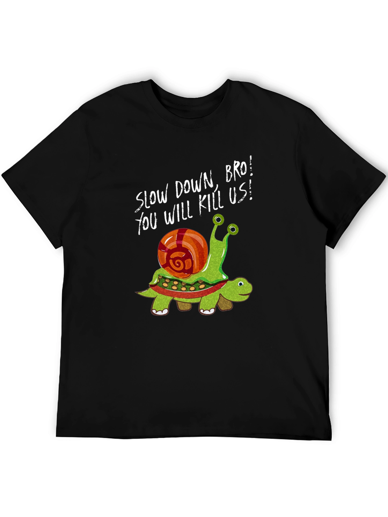 Black Funny Snail Riding Turtle Graphic Tee - Slow Down Bro! view 5