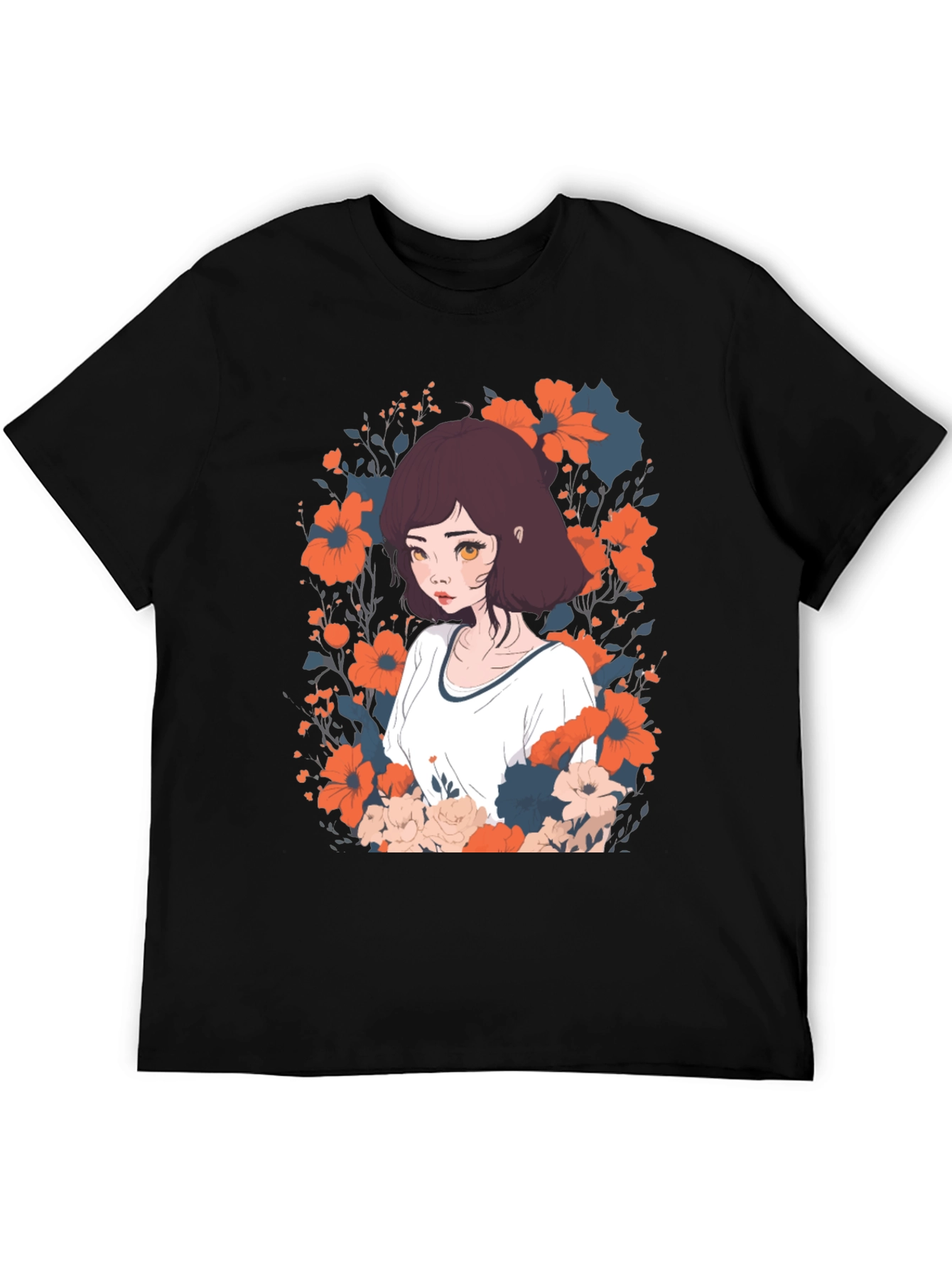 Black Floral Anime Girl Graphic Tee - Unisex Black T-Shirt view 5