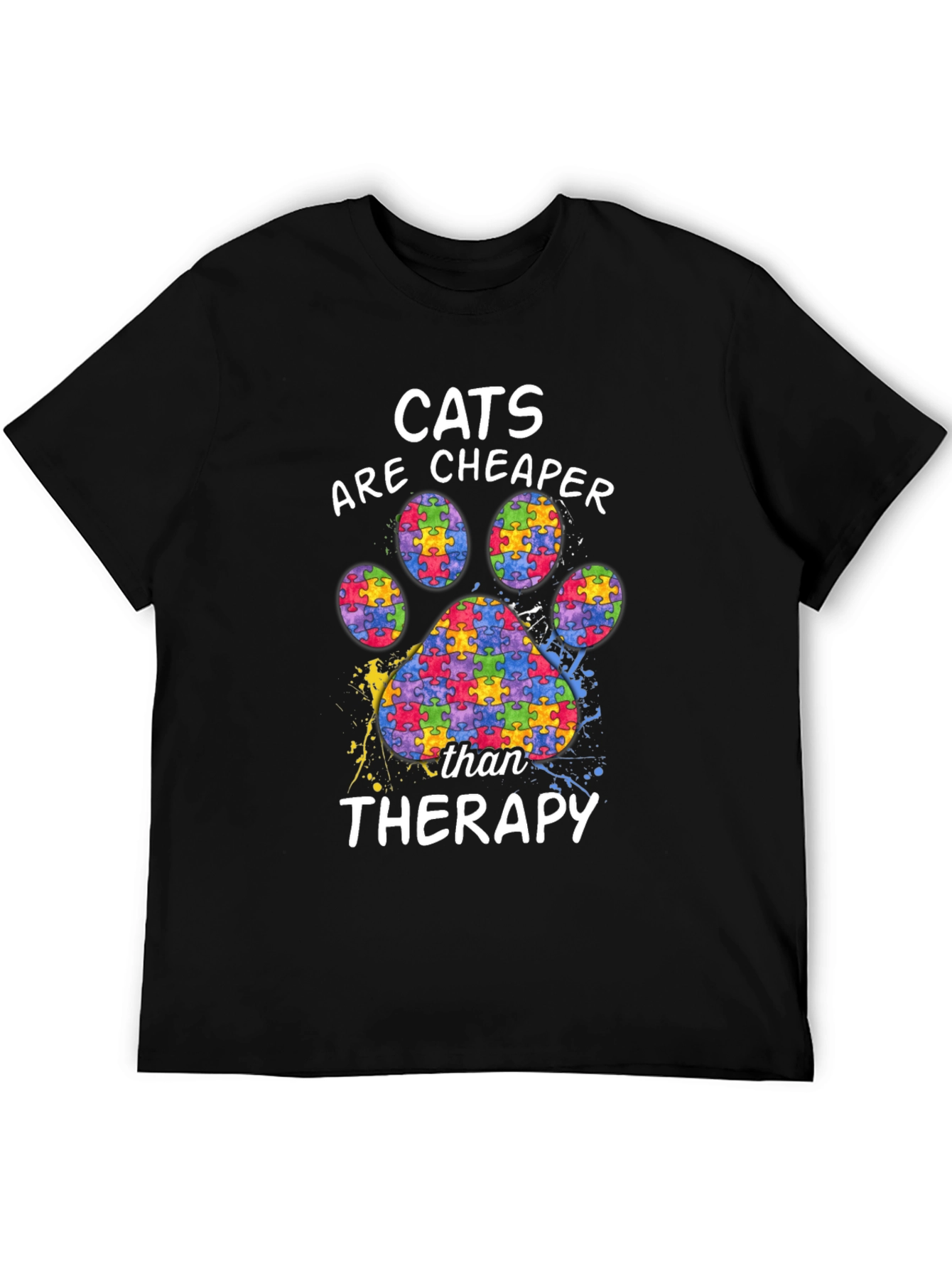 Black Cats are Cheaper Therapy Autism Awareness Puzzle Paw Print T-Shirt view 5