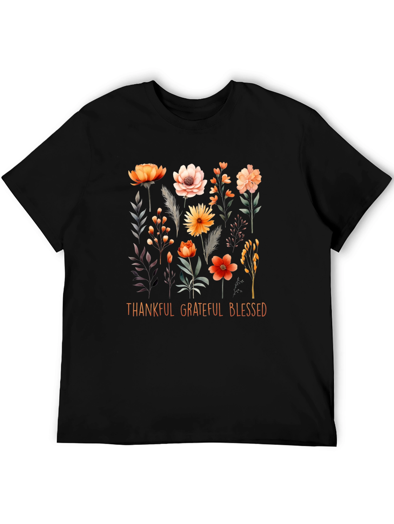 Black Thankful Grateful Blessed Floral T-Shirt view 5