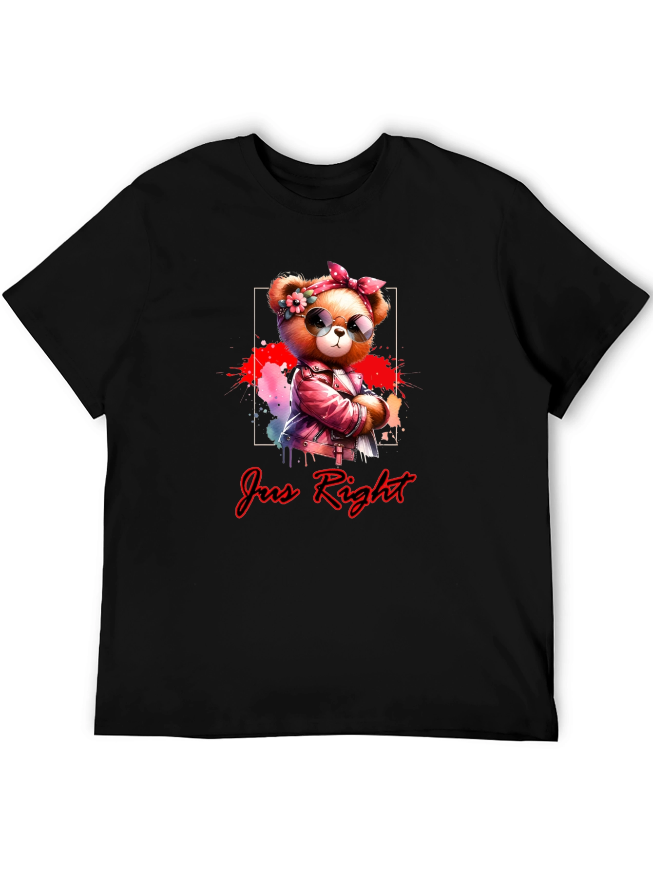 Black Trendy Teddy Bear Graphic Tee - "Jus Right" Black T-Shirt view 5