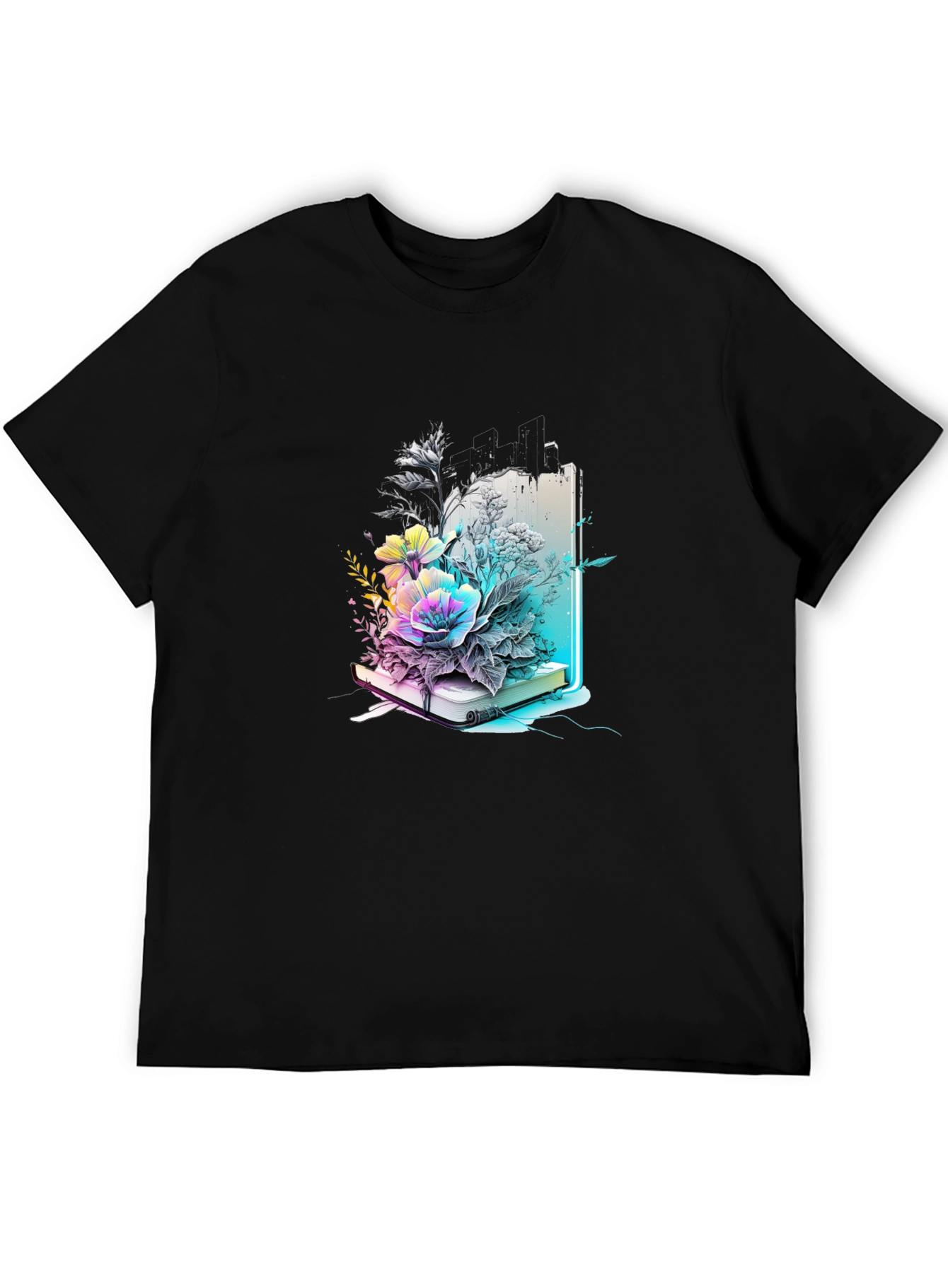 Black Floral Bookworm Tee - Artistic Graphic T-Shirt view 5