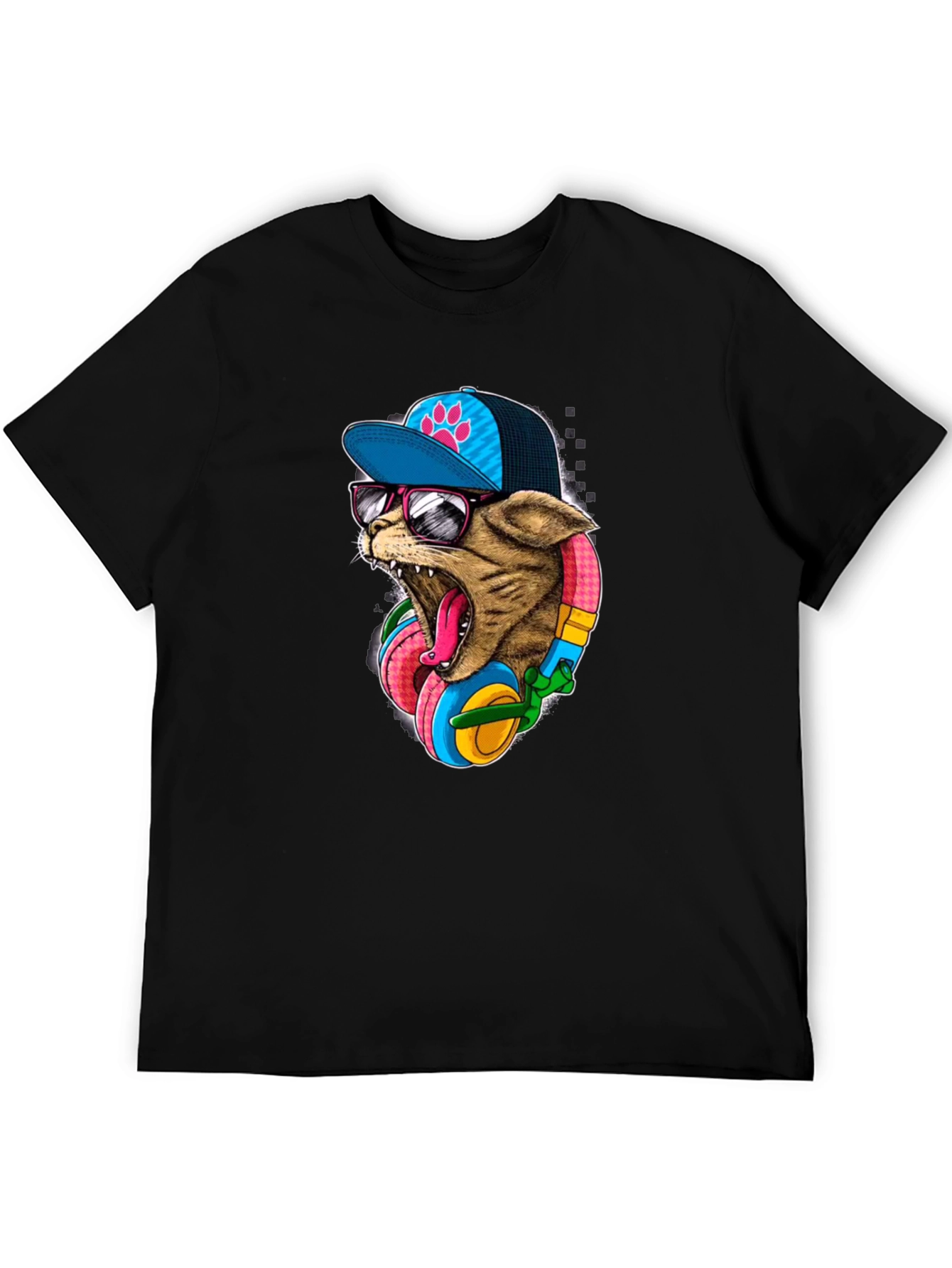 Black Cool Cat T-Shirt: Cat Wearing Headphones & Cap view 5
