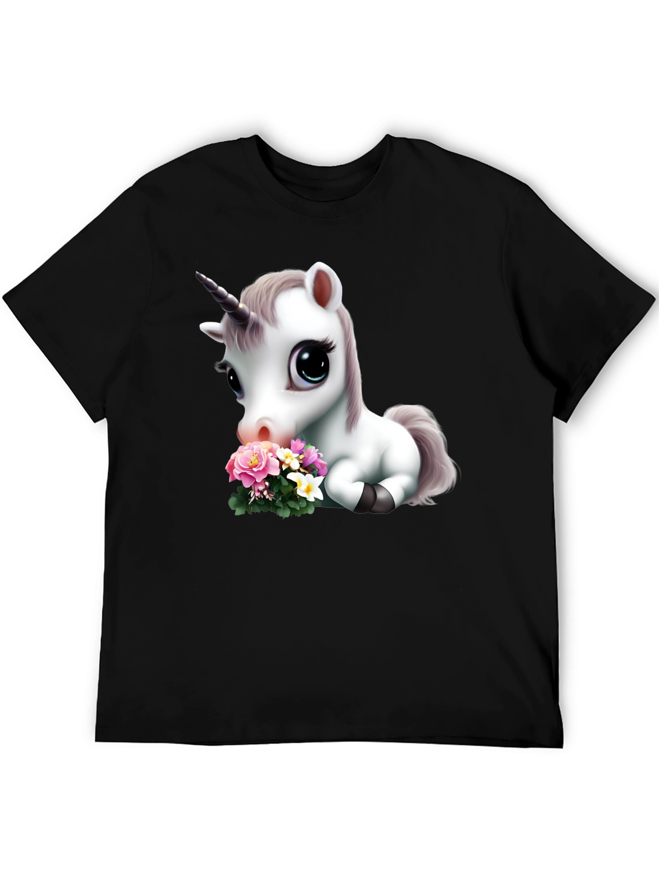 Black Cute Unicorn with Flowers Graphic T-Shirt view 5