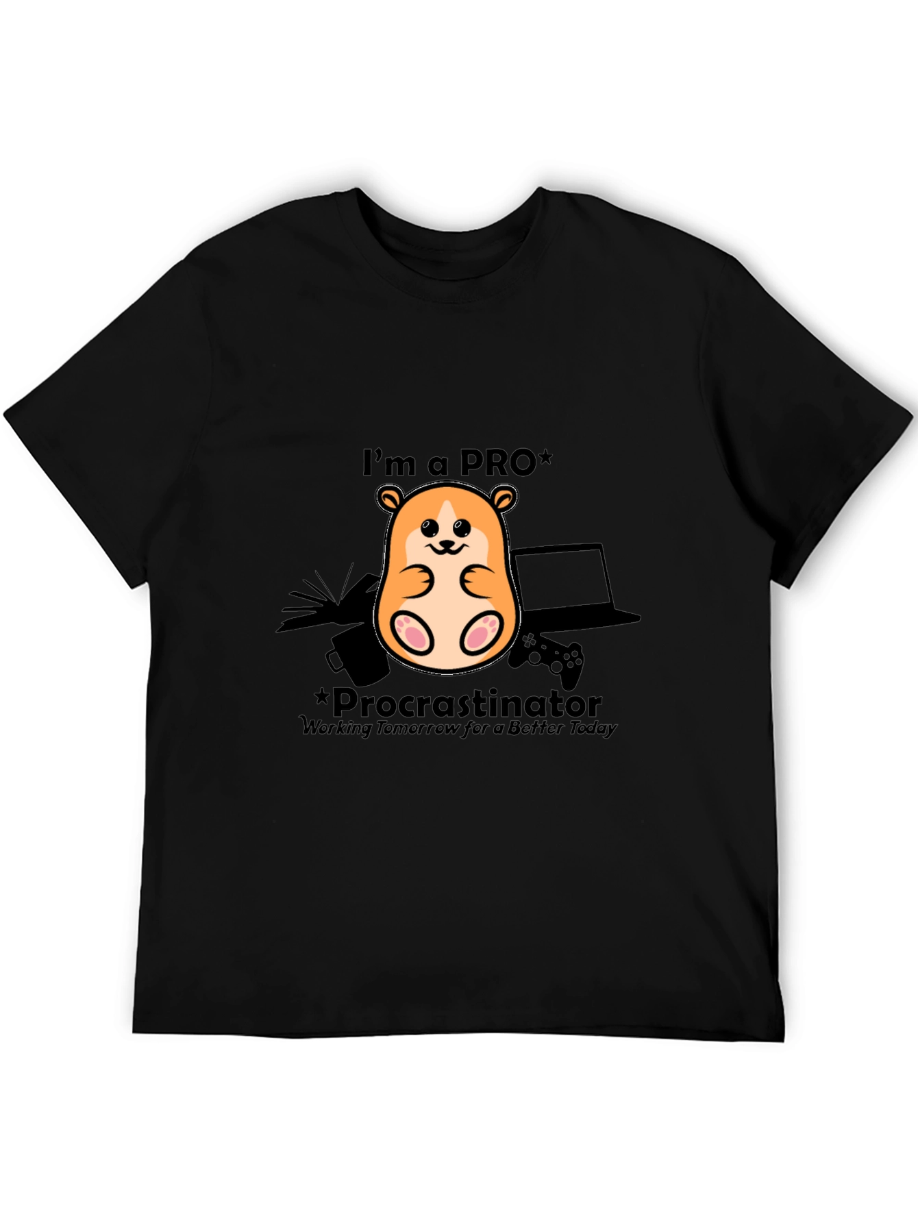 Black Procrastinator Gamer T-Shirt - Funny Hamster Design view 5