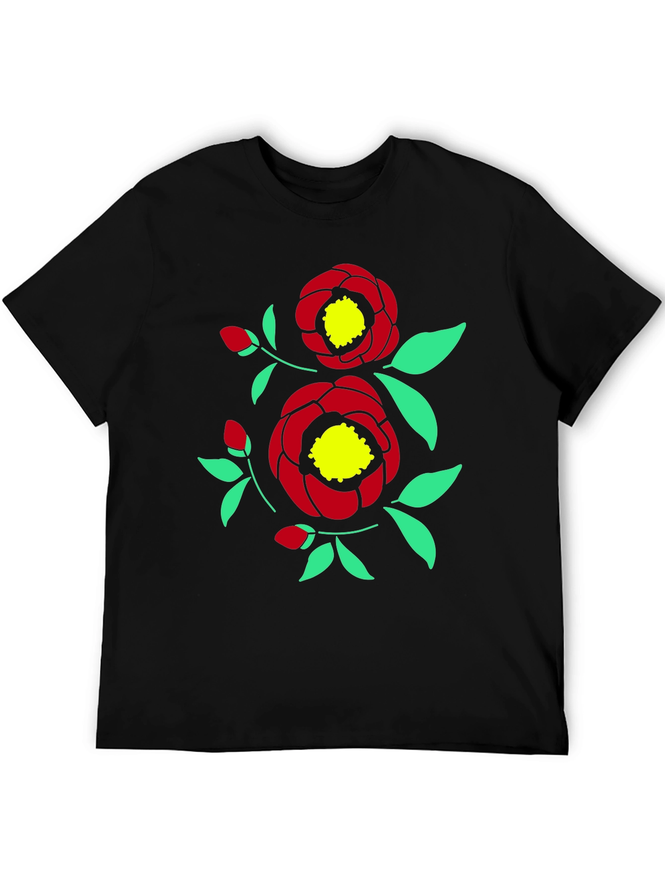 Black Floral Print Tee - Black Cotton Casual view 5