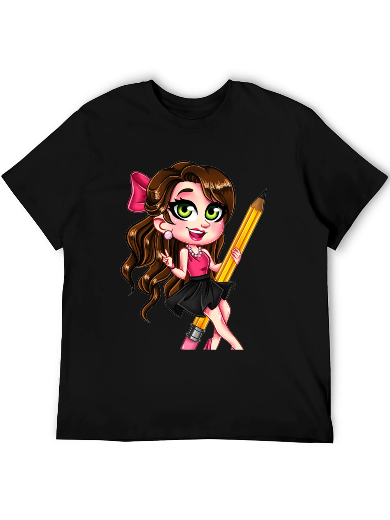 Black Fun Cartoon Girl with Pencil Black T-Shirt view 5