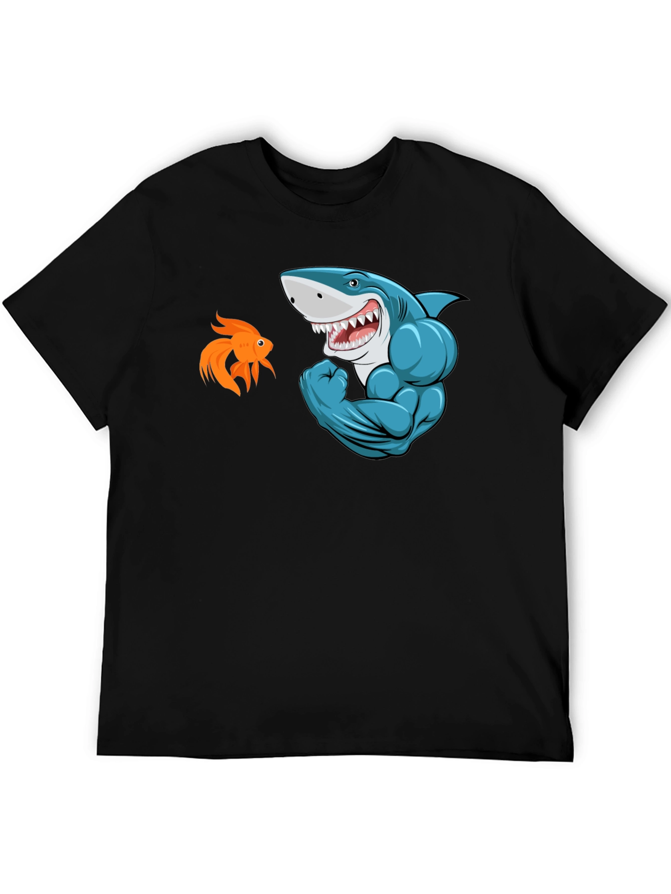 Black Funny Shark vs Goldfish Graphic Tee view 5
